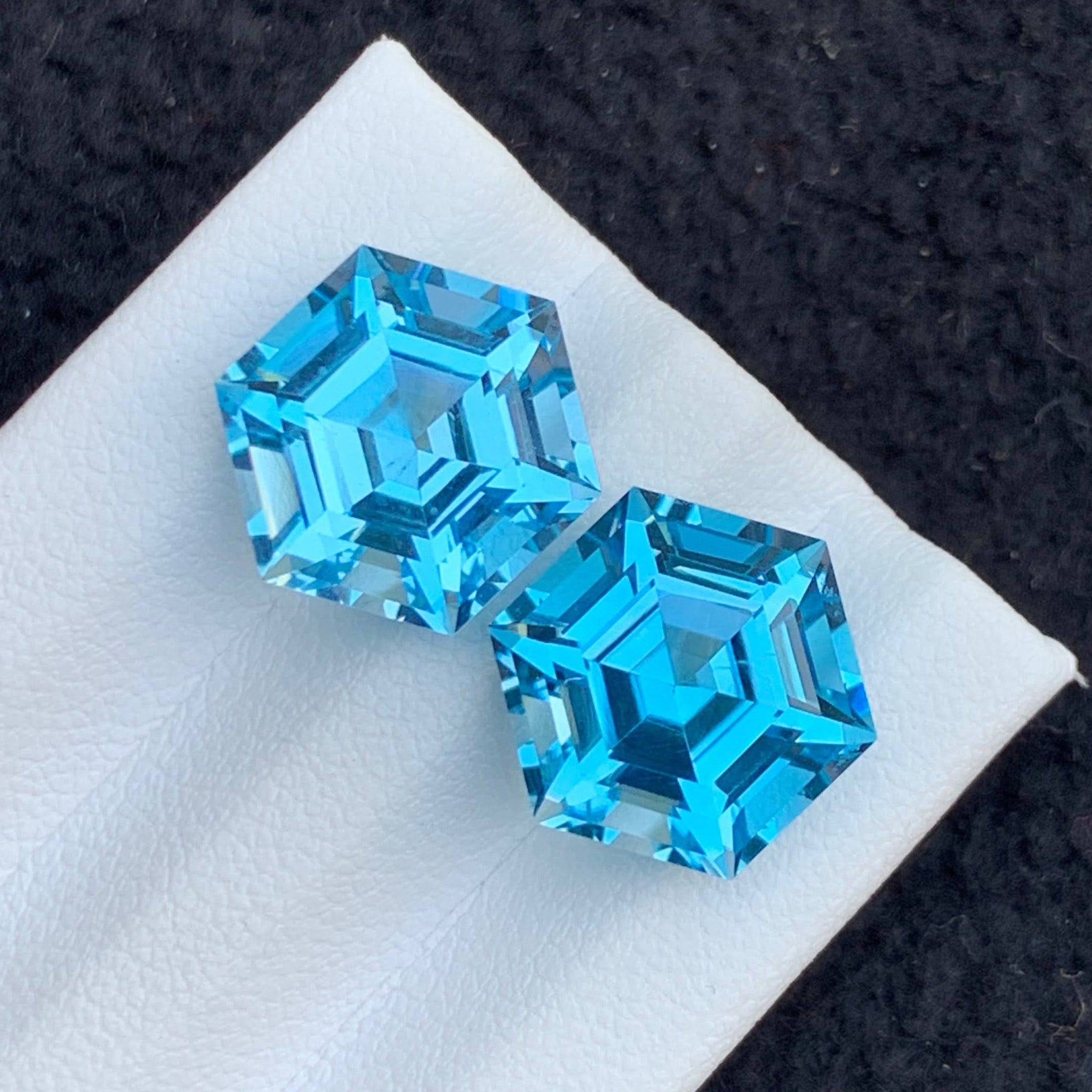 Hexagon cut Swiss blue topaz pair