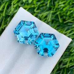 Hexagon cut Swiss blue topaz pair