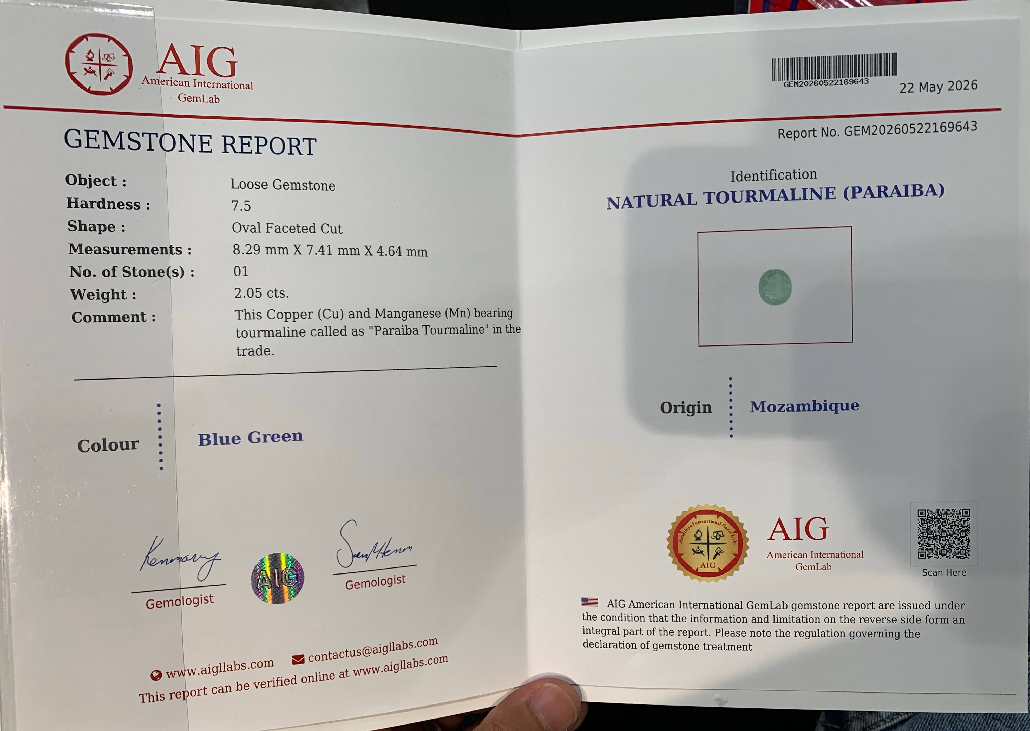 2.05ct AIG Paraiba Tourmaline Oval