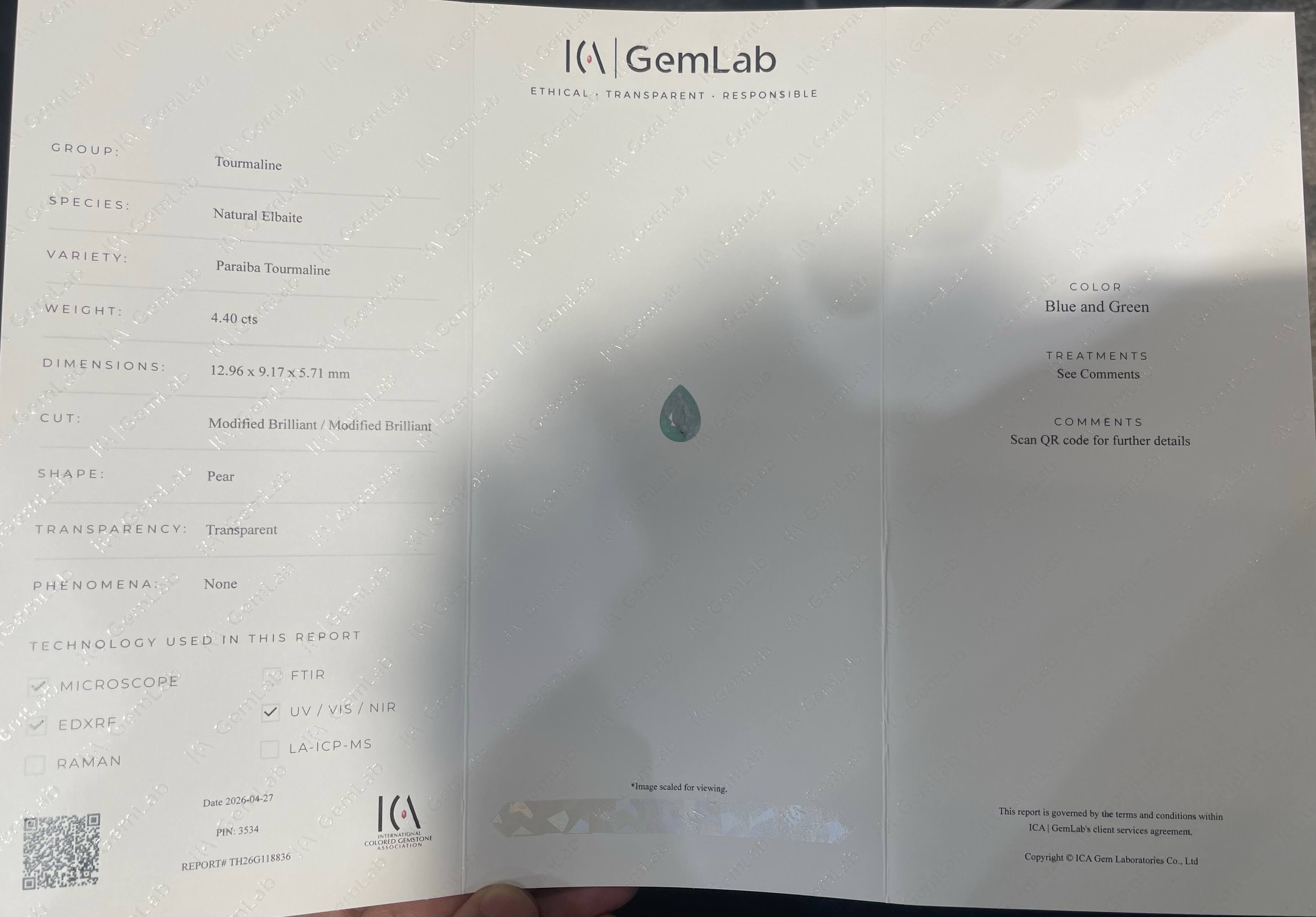 4.40ct Certified Paraiba Tourmaline Pear
