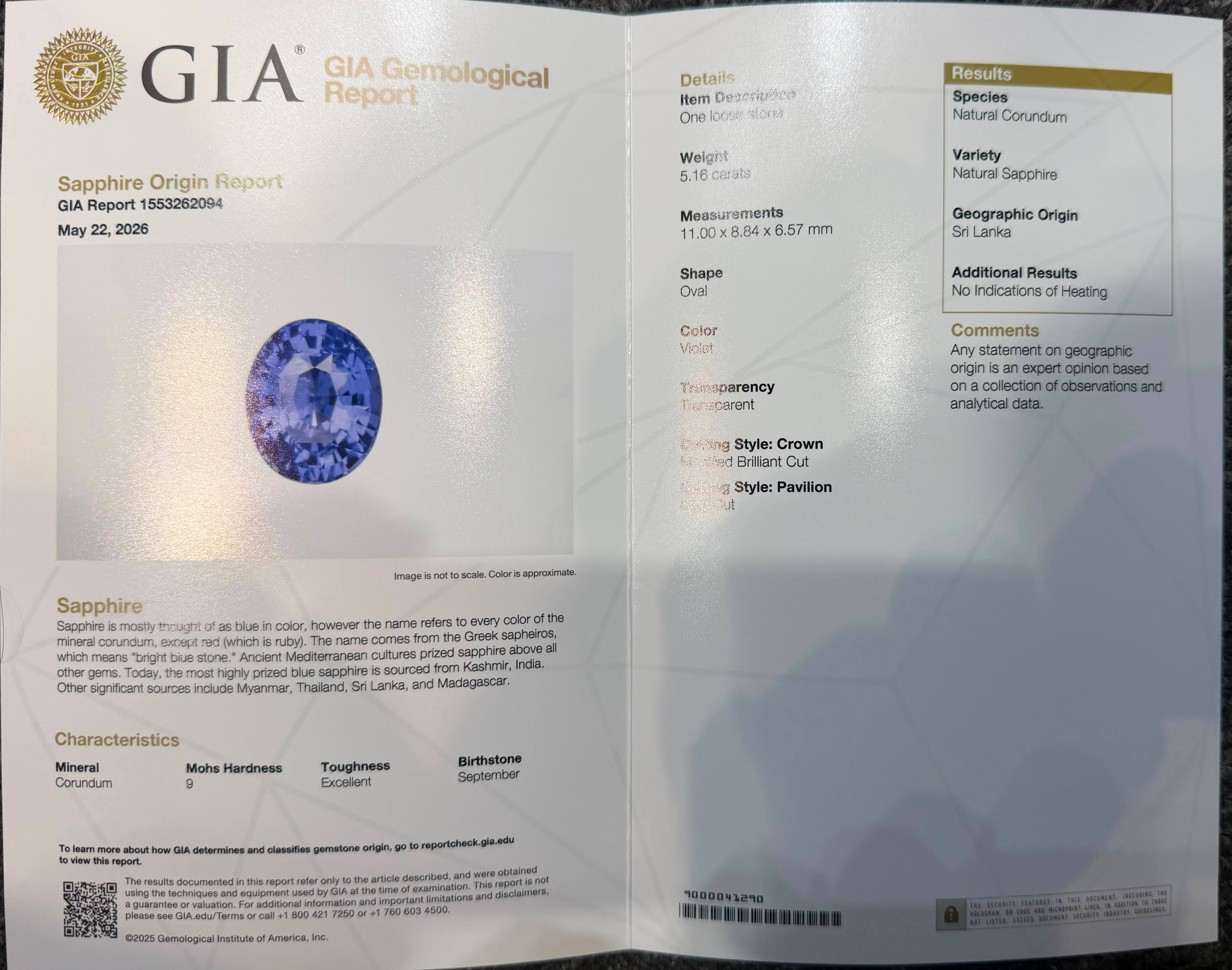 GIA Certified 5.16Ct Violet Blue Sapphire