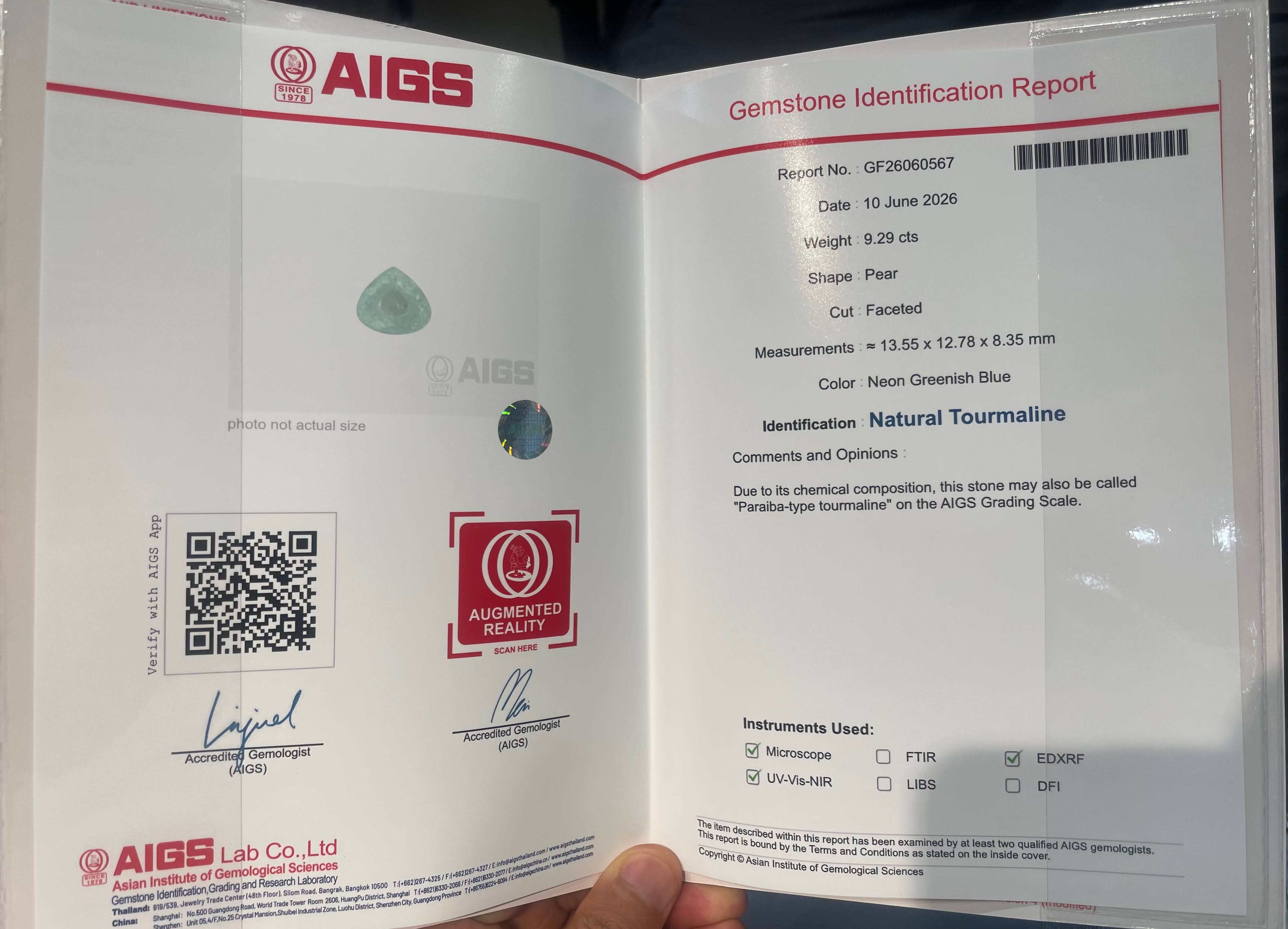 AIGS Certified 9.29Ct Paraiba Tourmaline