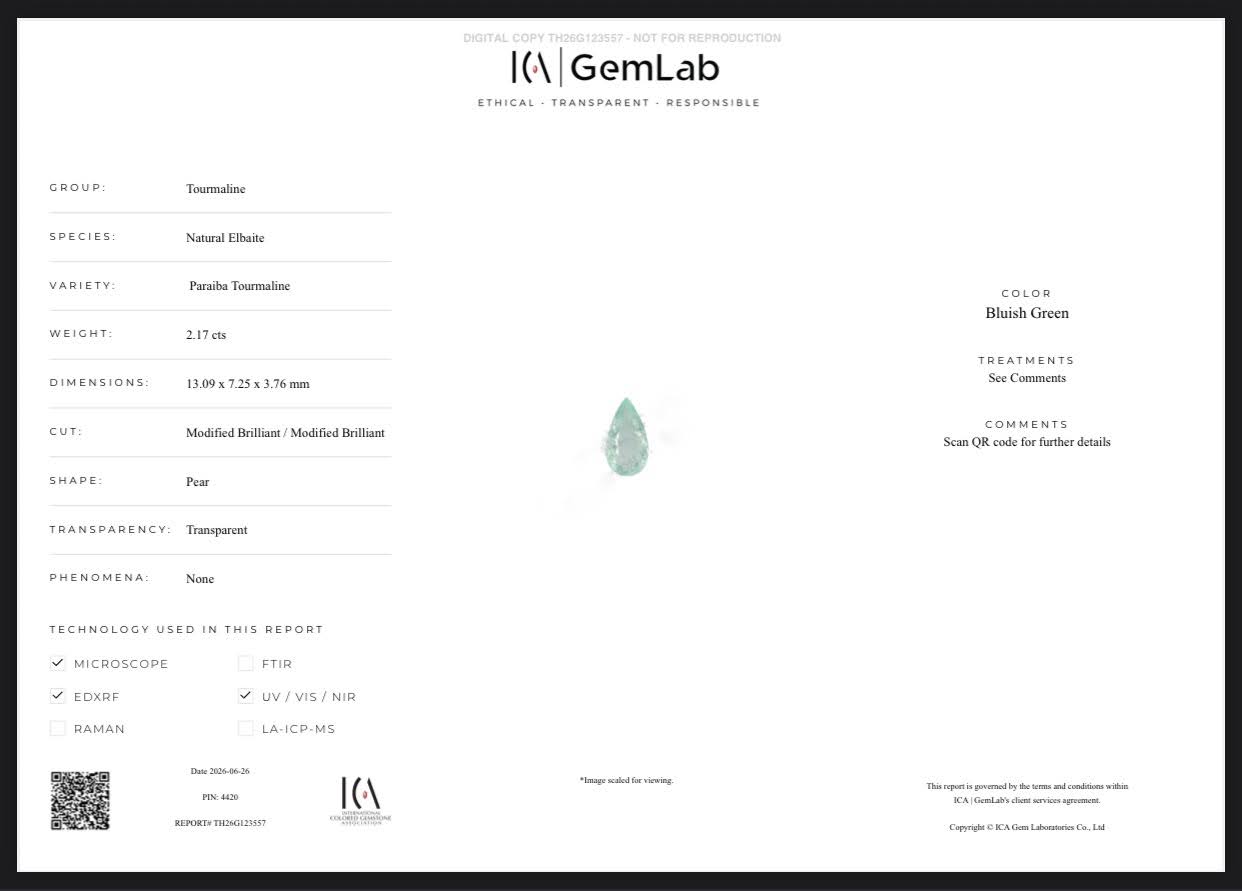 Neon Blue Green 2.17Ct Certified Paraiba