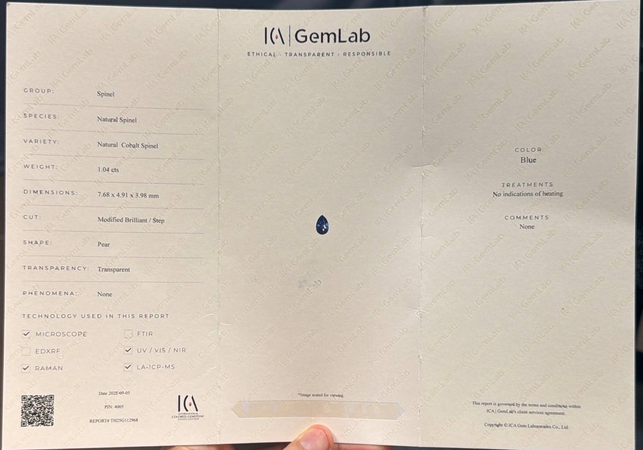 1.04 Ct Certified Cobalt Blue Spinel Pear