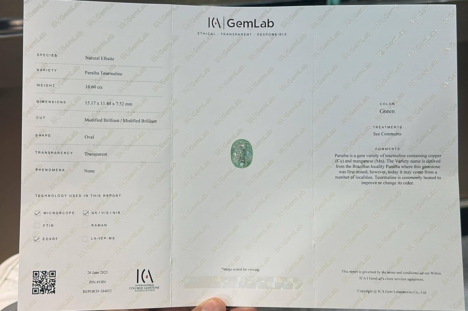 10.60 Carat Certified Paraiba Tourmaline