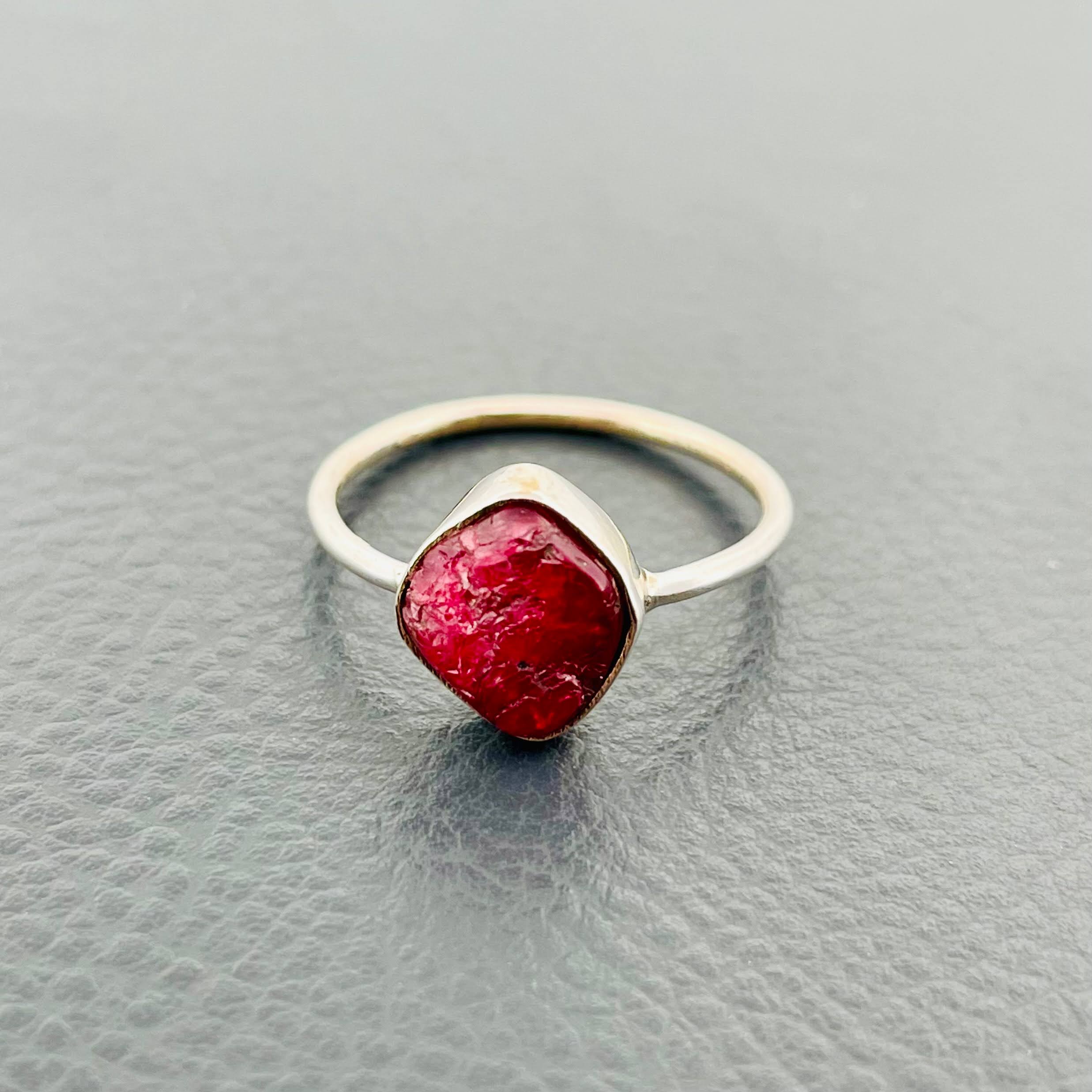 Handmade Red Rough Spinel Silver Ring