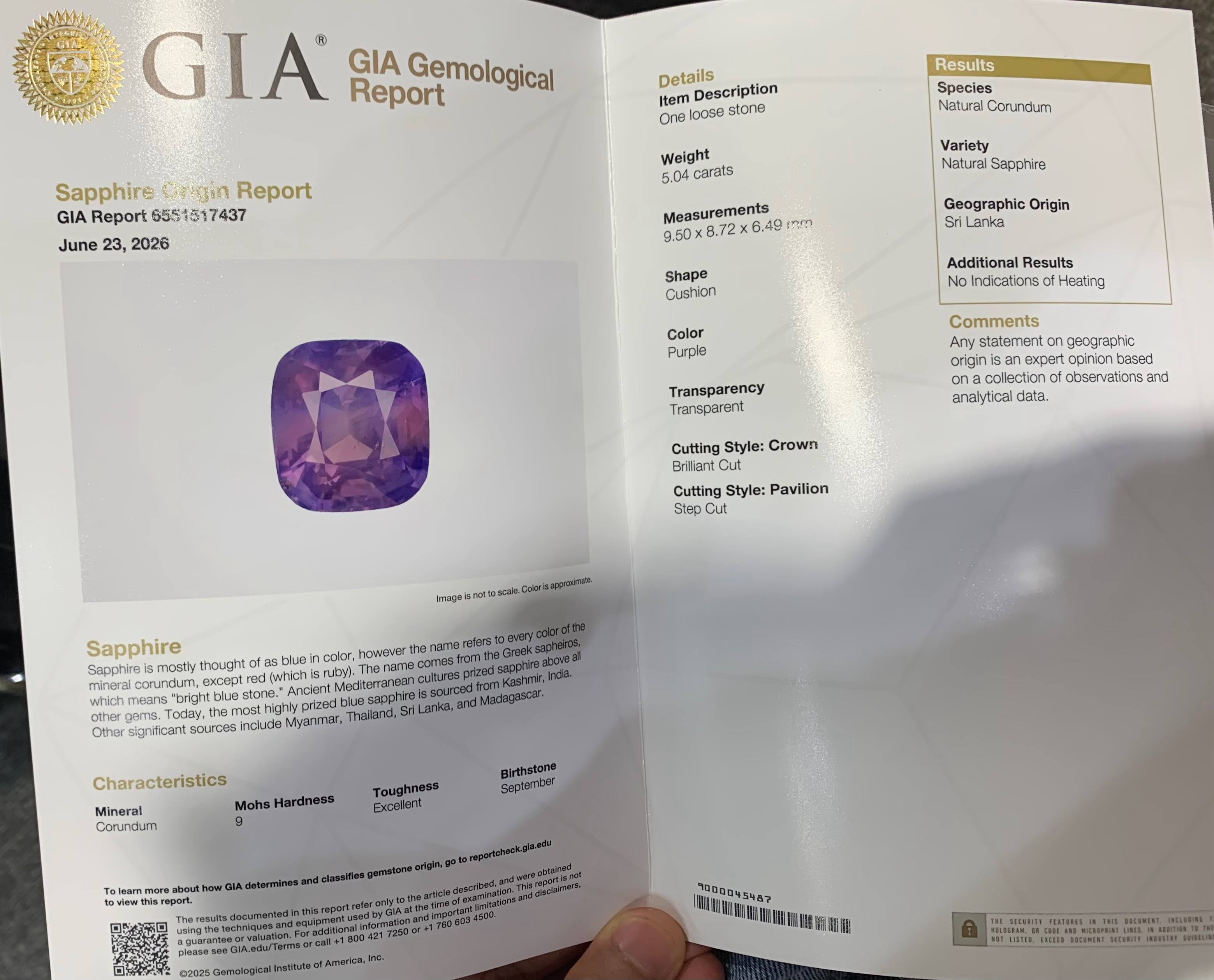 GIA 5.04Ct Purple Sapphire