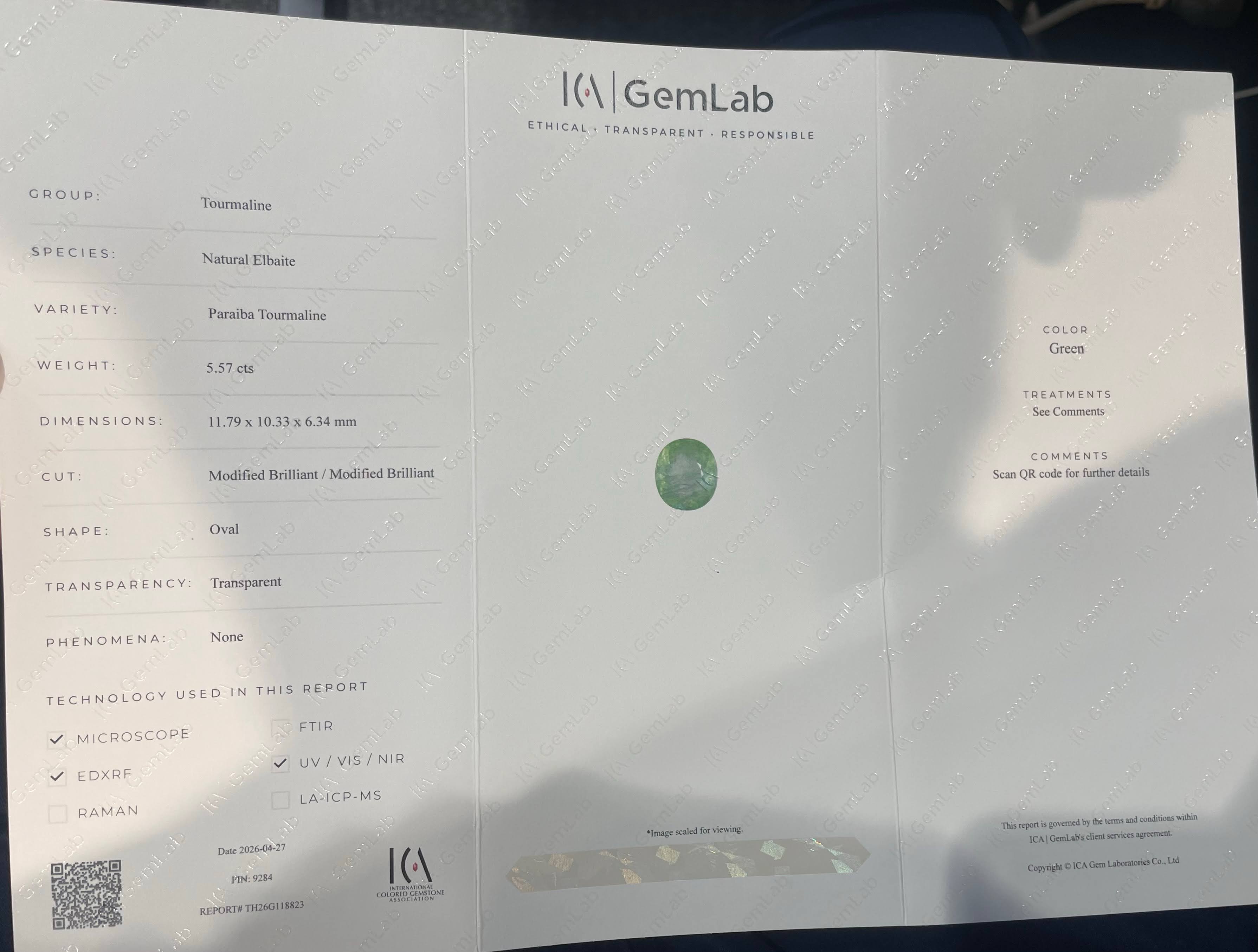 5.57ct ICA Certified Paraiba Tourmaline