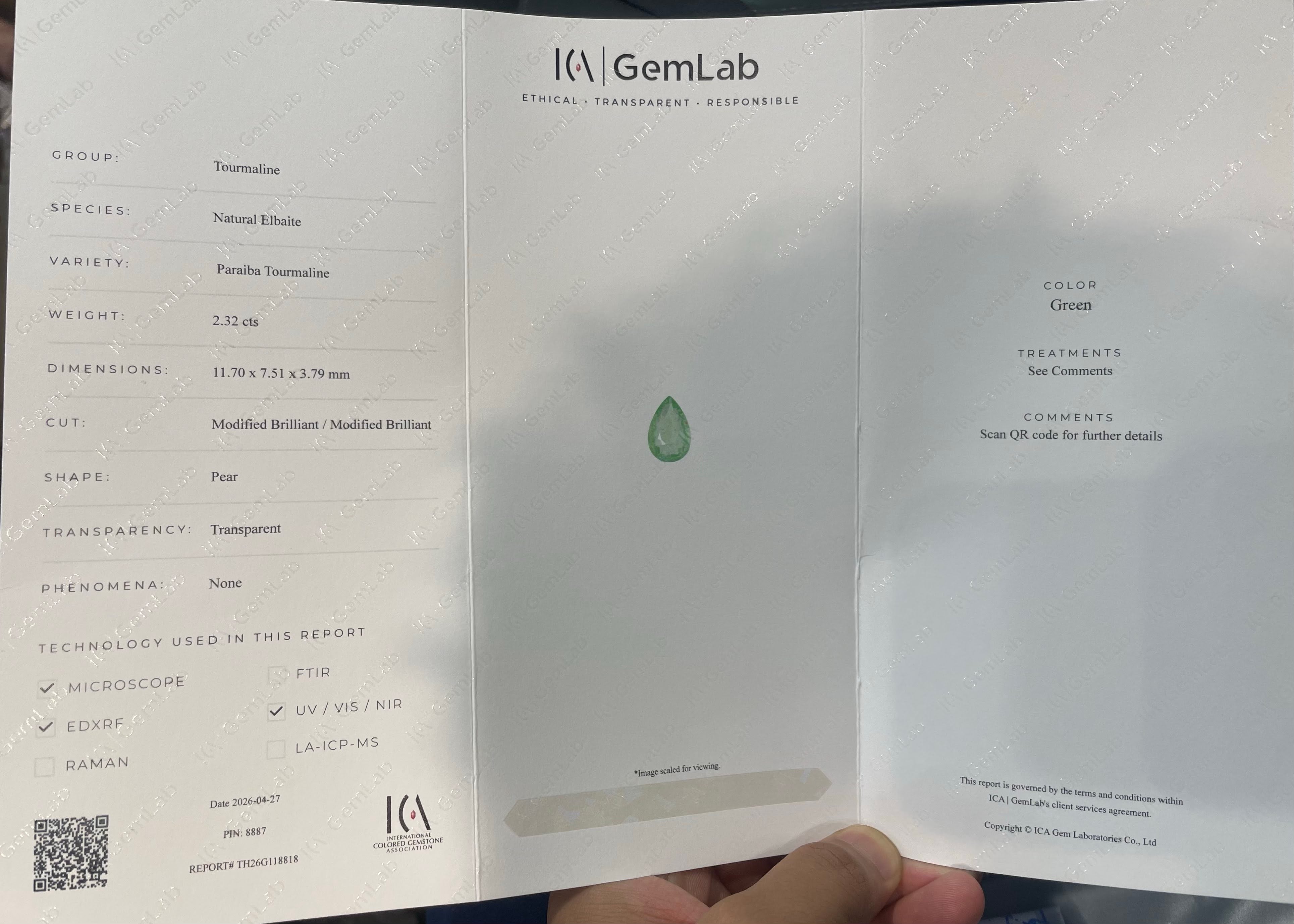 2.32ct ICA Certified Paraiba Tourmaline Pear 