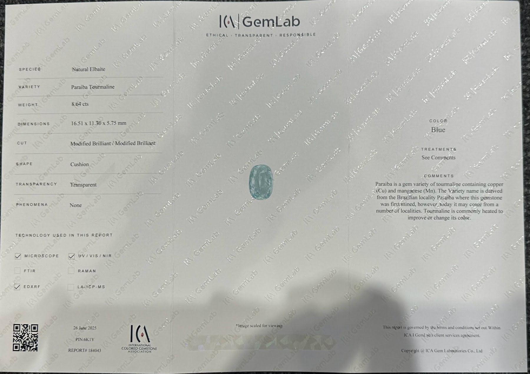 8.64 Carat Certified Paraiba Tourmaline