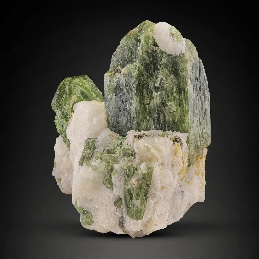 Green Diopside Crystals on Calcite