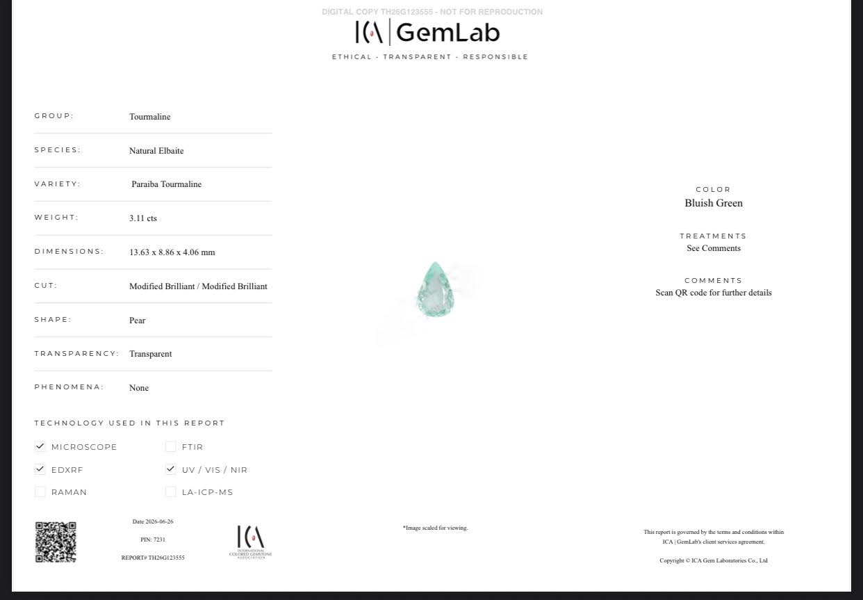 ICA Certified 3.11Ct Paraiba Tourmaline