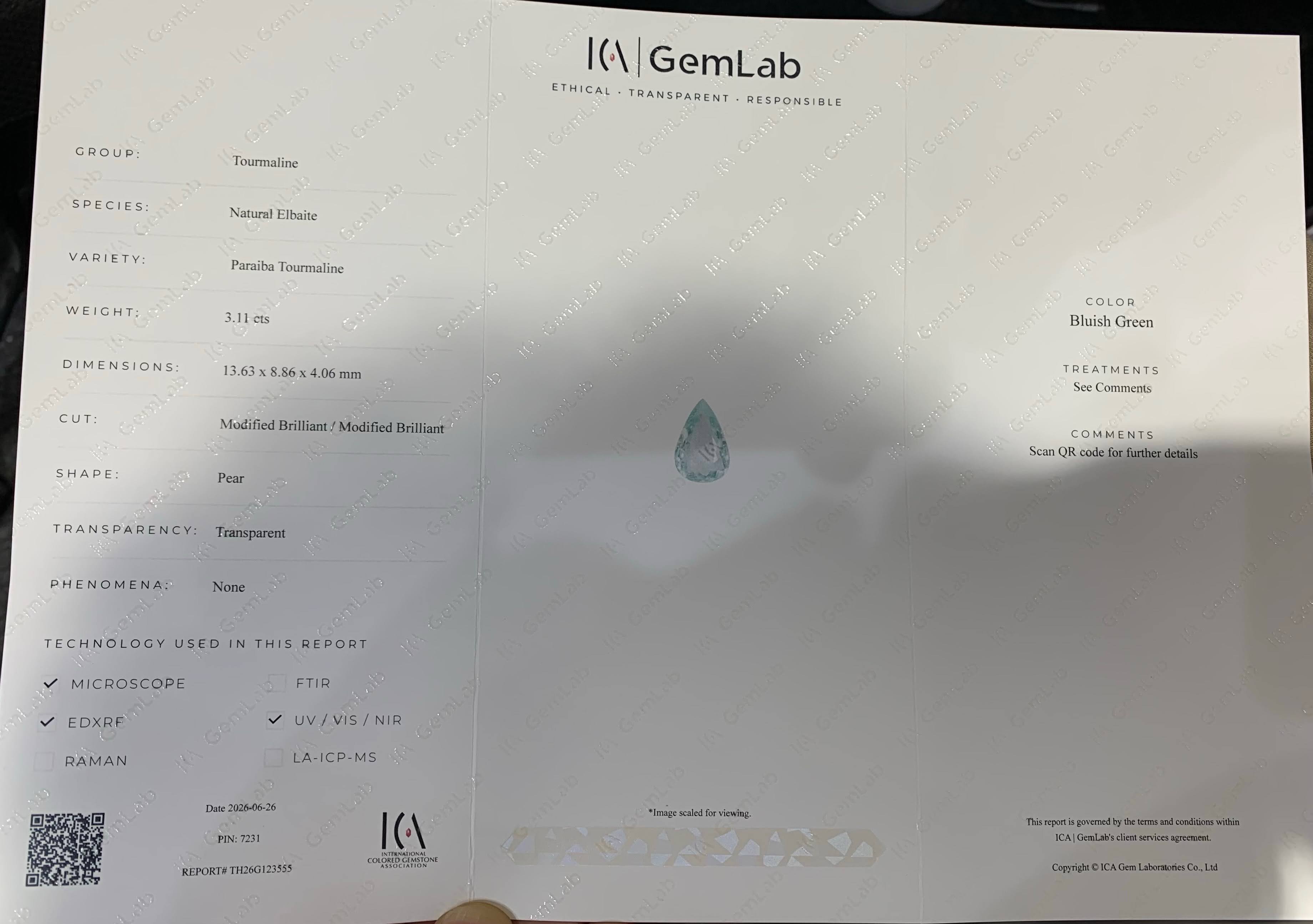 Certified 3.11Ct Paraiba Tourmaline