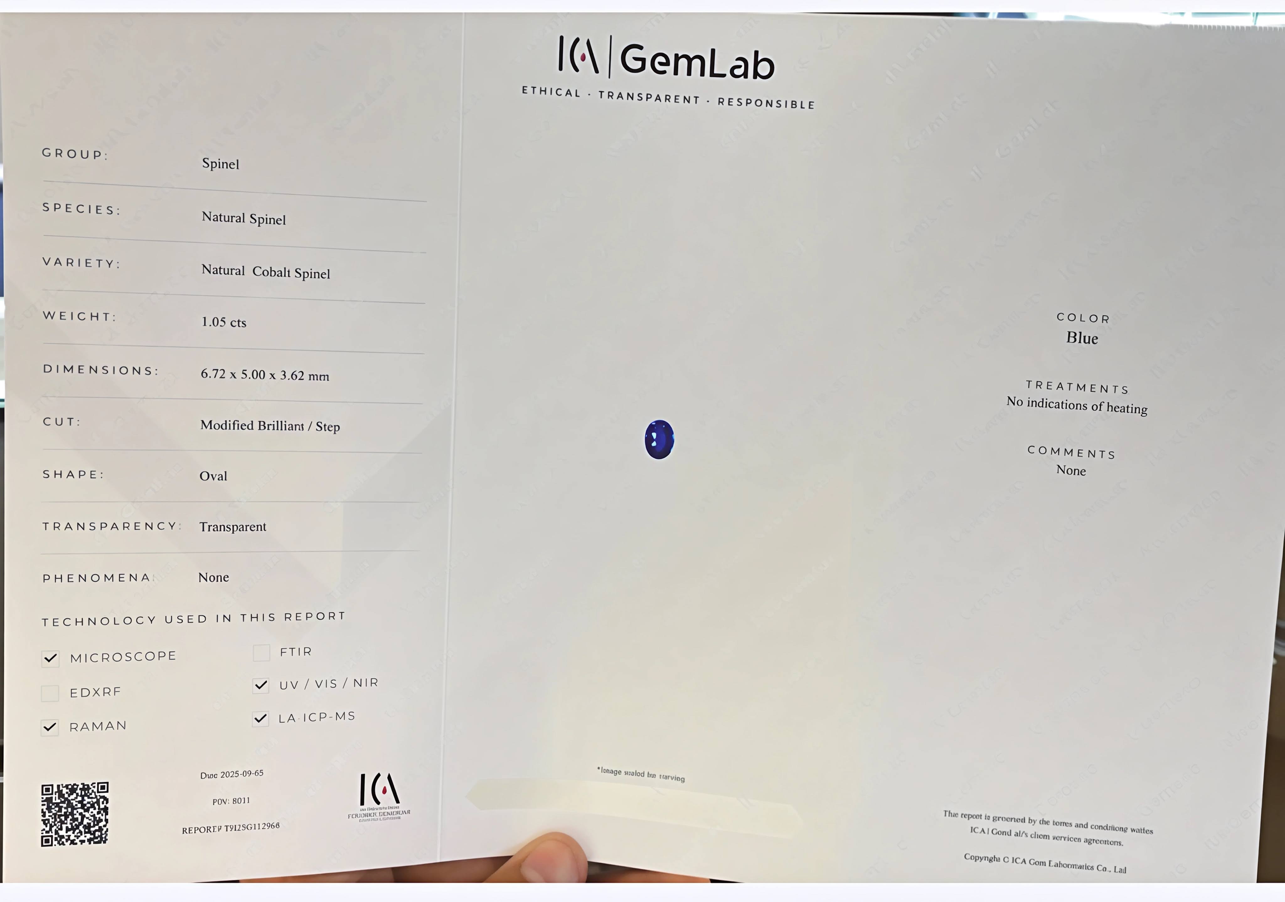 1.05 Ct Certified Neon Cobalt Blue Spinel Oval