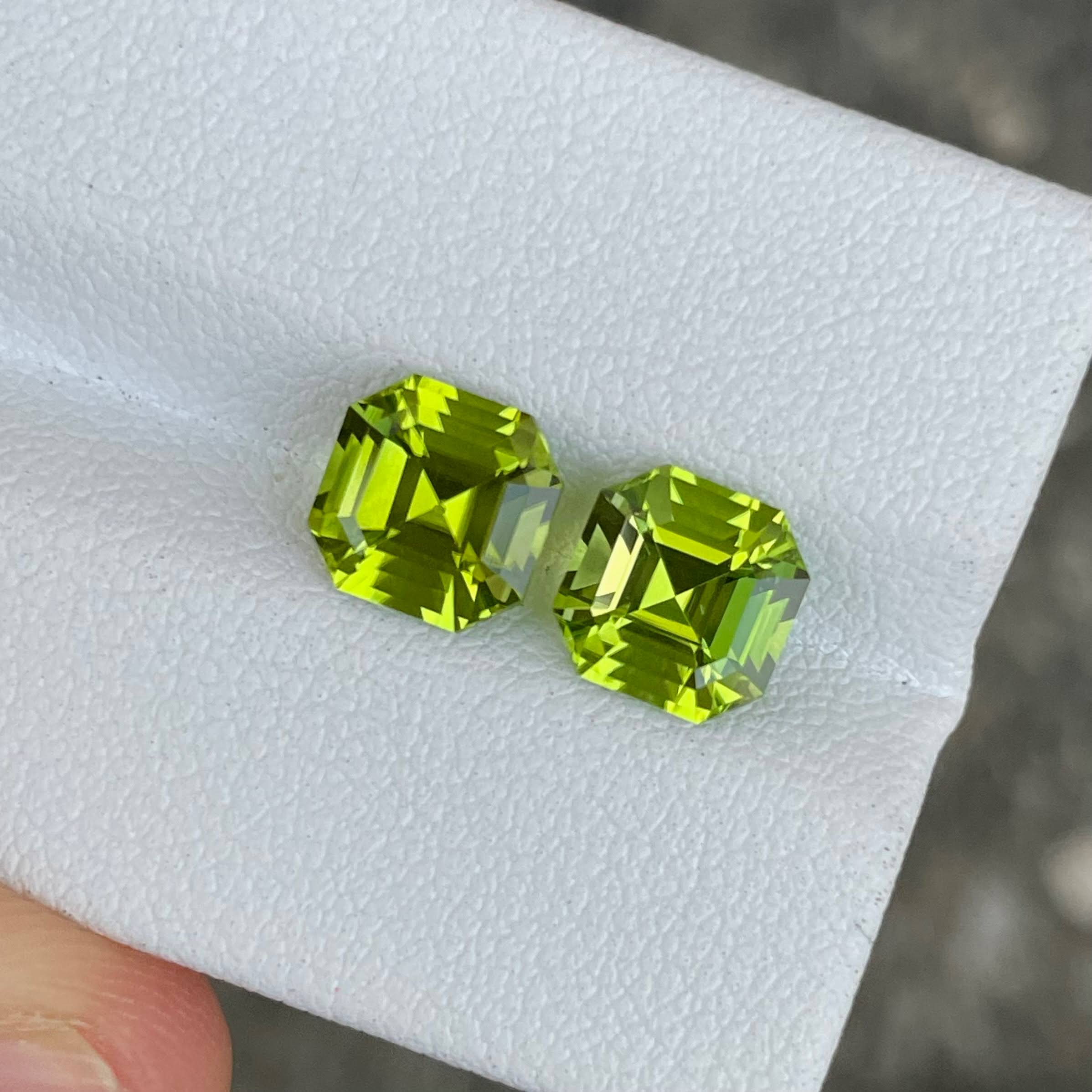 4.12 Carats Green Peridot Asscher Pair 