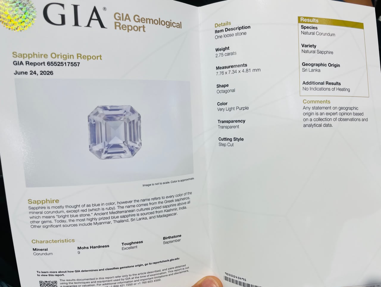 2.75 Carats GIA Certified Purple Sapphire Octagonal Step Cut Sri Lankan Gemstone