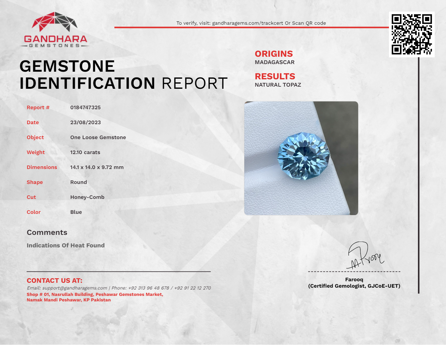 Jewel-toned Honey Comb Swiss Blue Topaz 12.10 carats Natural Gemstone from Madagascar