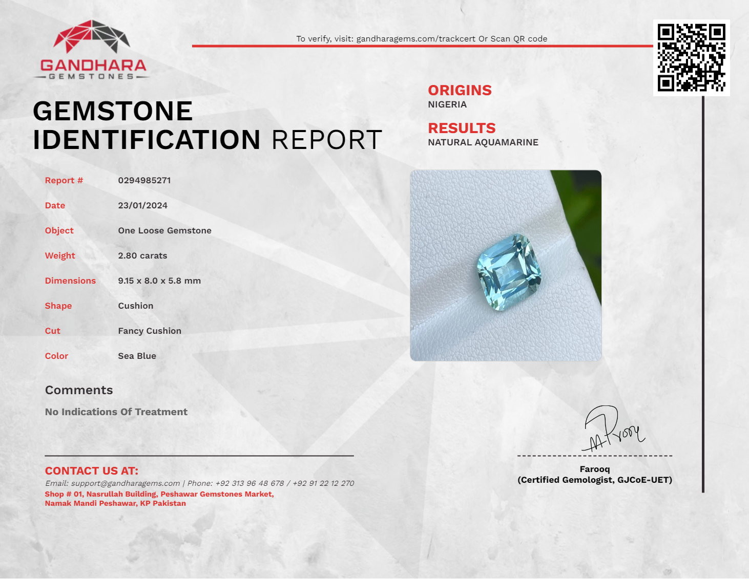 2.80 Carats Blue Aquamarine Cushion Cut