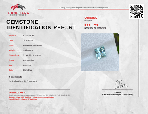 1.45 Carats Natural Aquamarine Stone