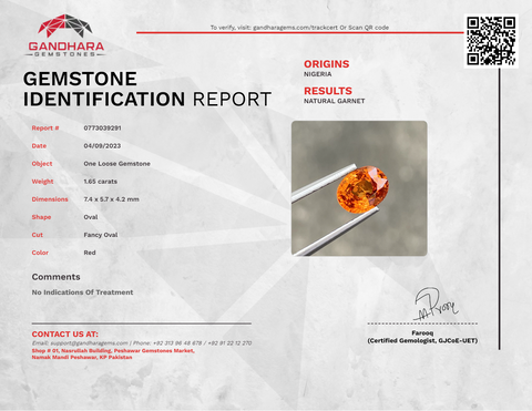 Reddish Spessartite Garnet 1.65 carats Fancy Oval Cut Natural Nigerian Gemstone