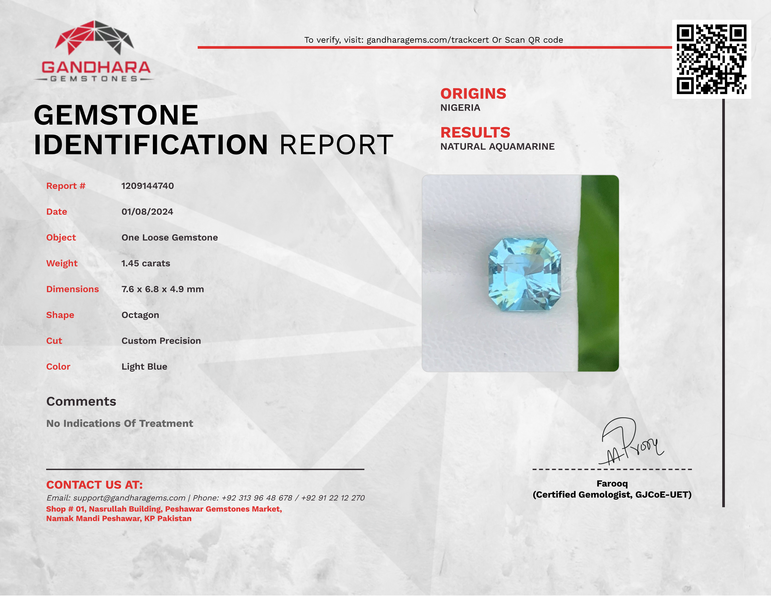 1.45 Carats Blue Aquamarine Gemstone