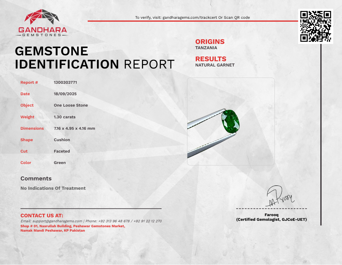 1.30 carats Green Tsavorite Garnet Stone Cushion Cut Natural Tanzanian Gemstone