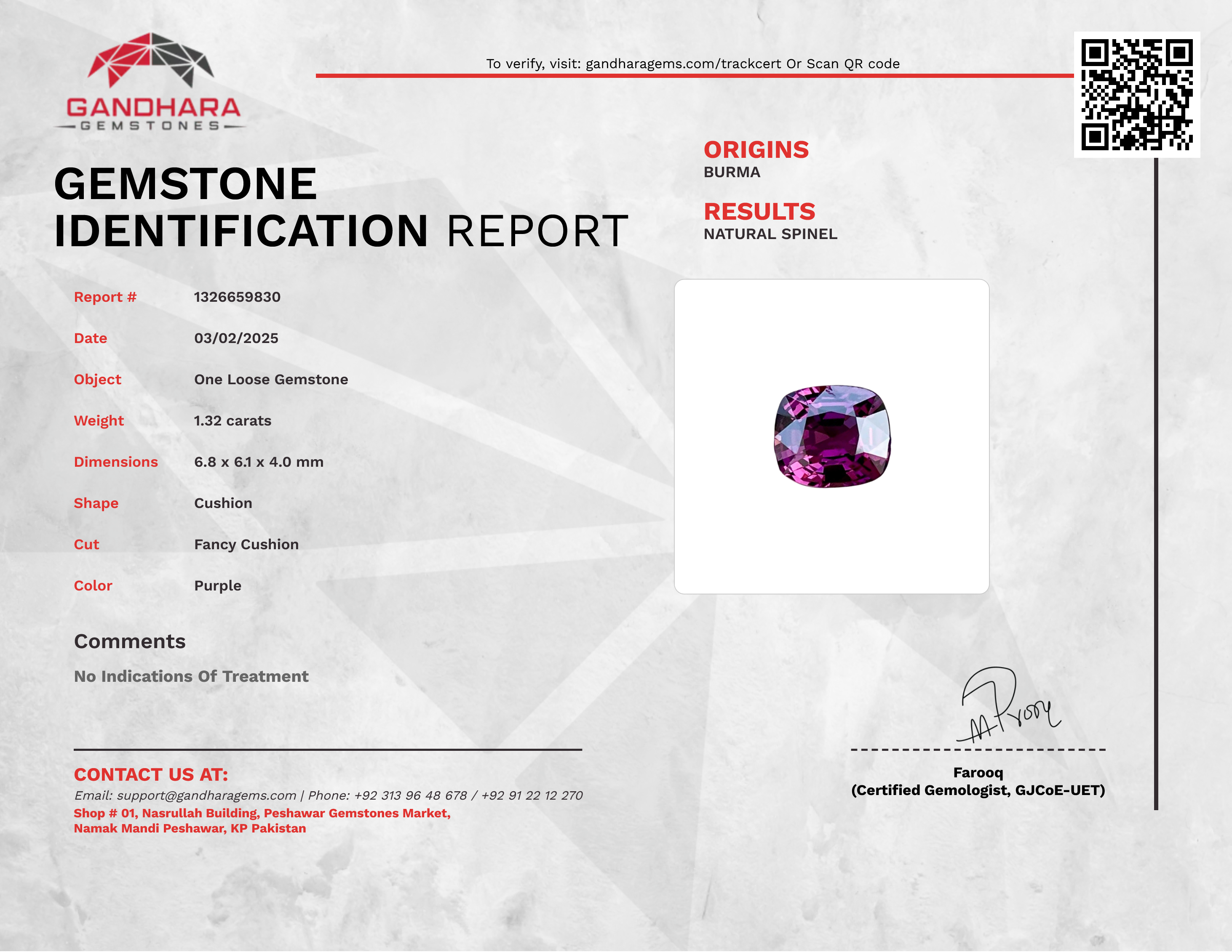 1.32 Carat Purple Spinel Cushion Cut