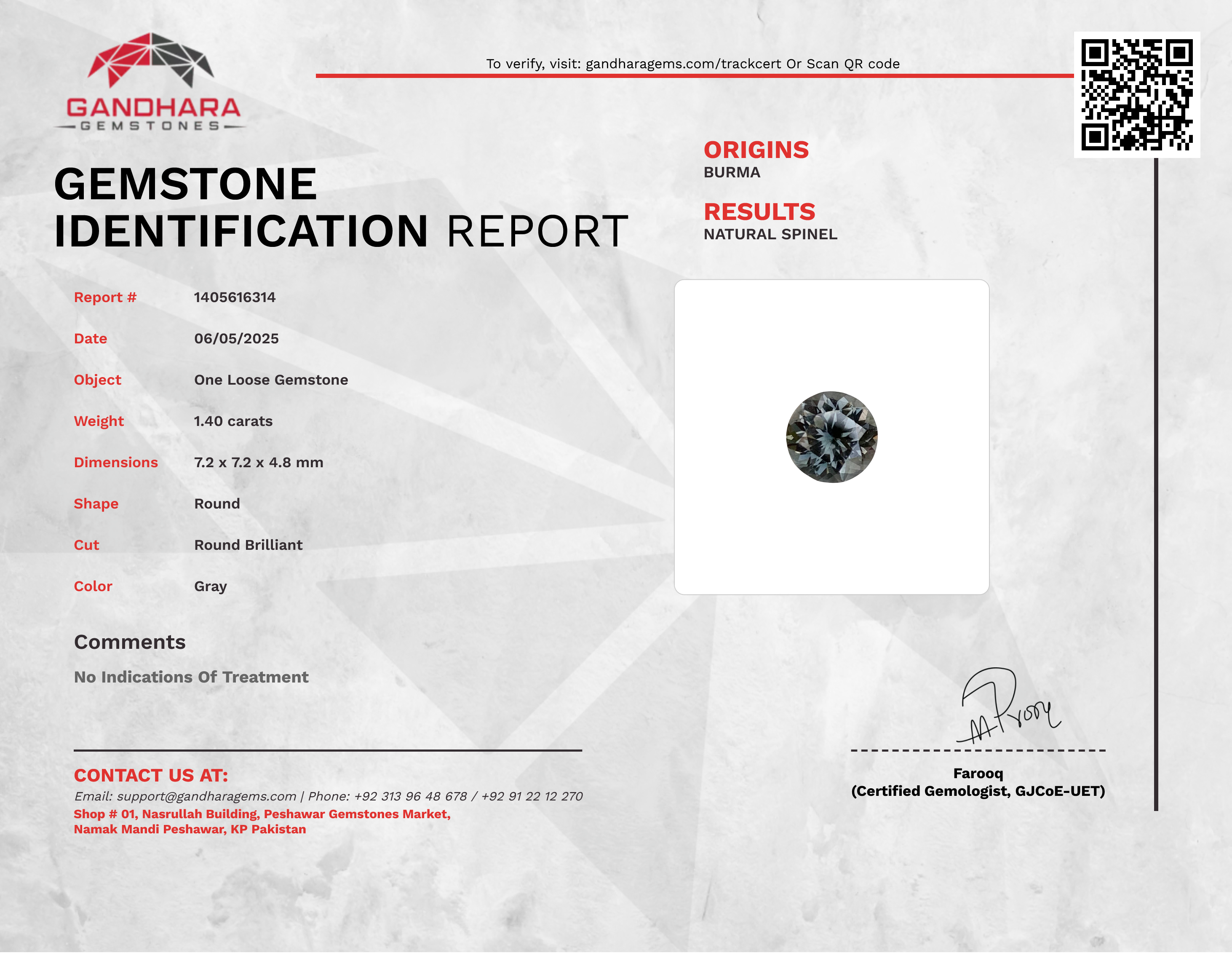 1.40 Carats Gray Round Spinel Stone