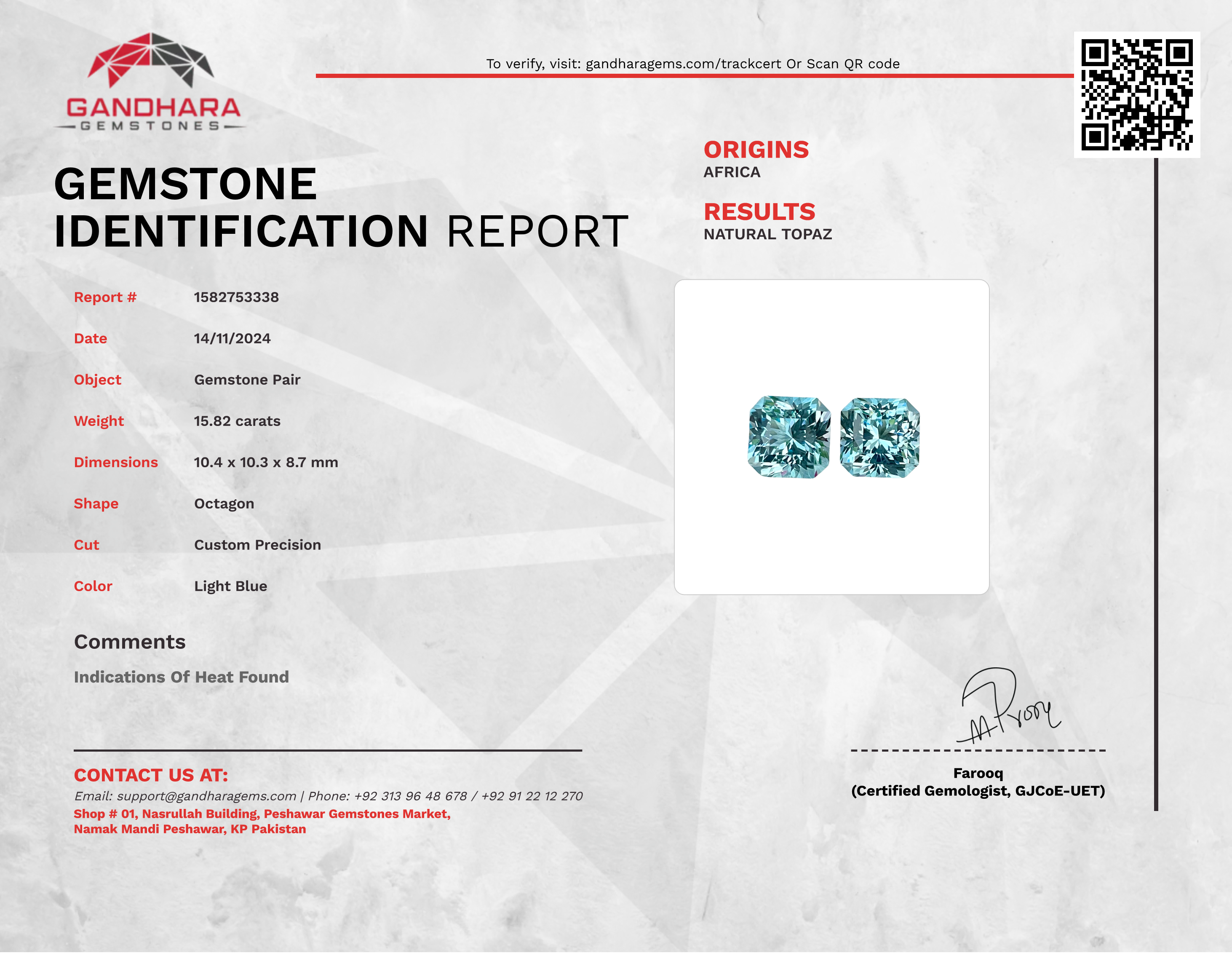 15.82 Carat Light Blue Topaz Pair Gems