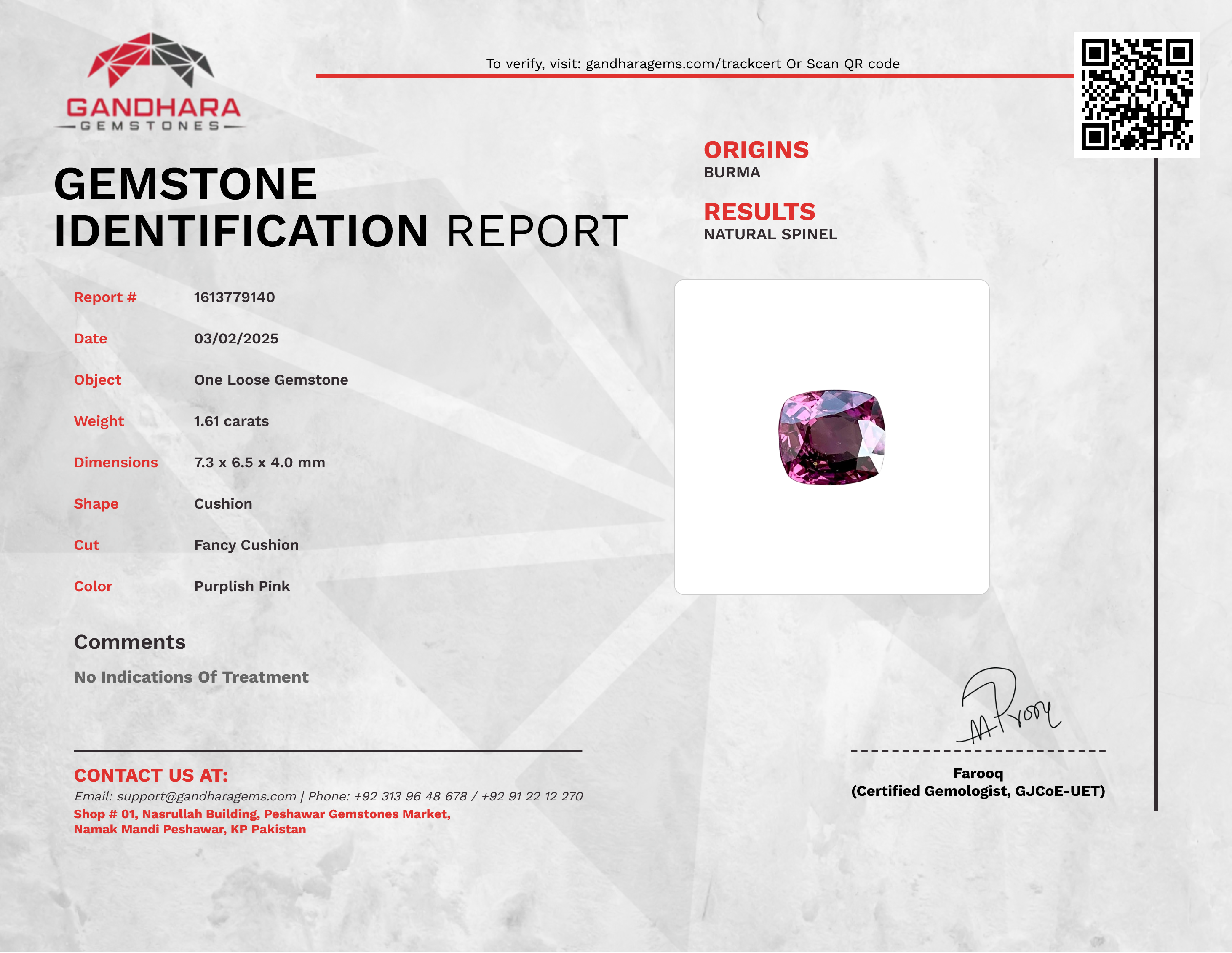 1.61 Carat Purple Spinel Cushion Cut