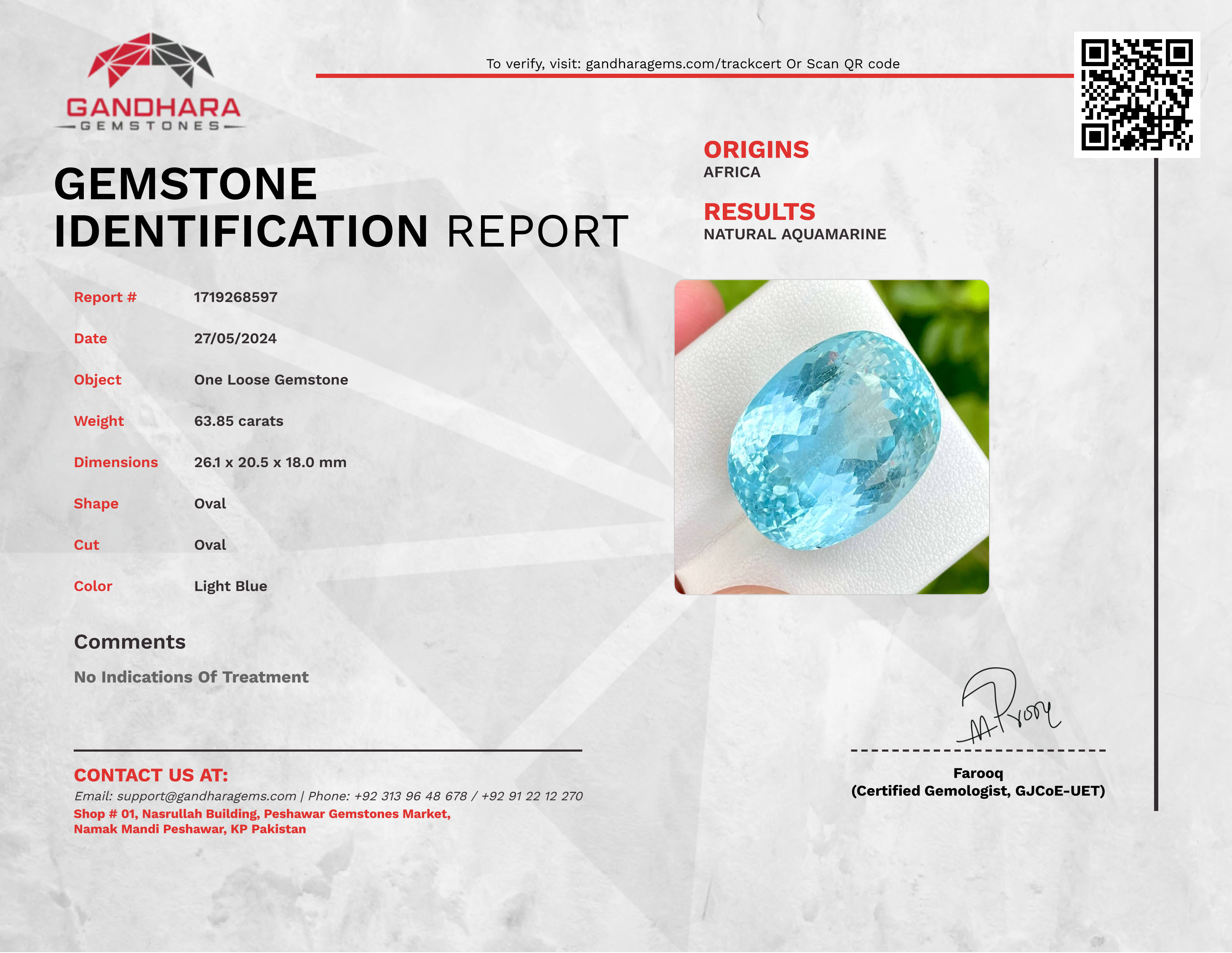 63.85 Carats Blue Aquamarine Gemstone