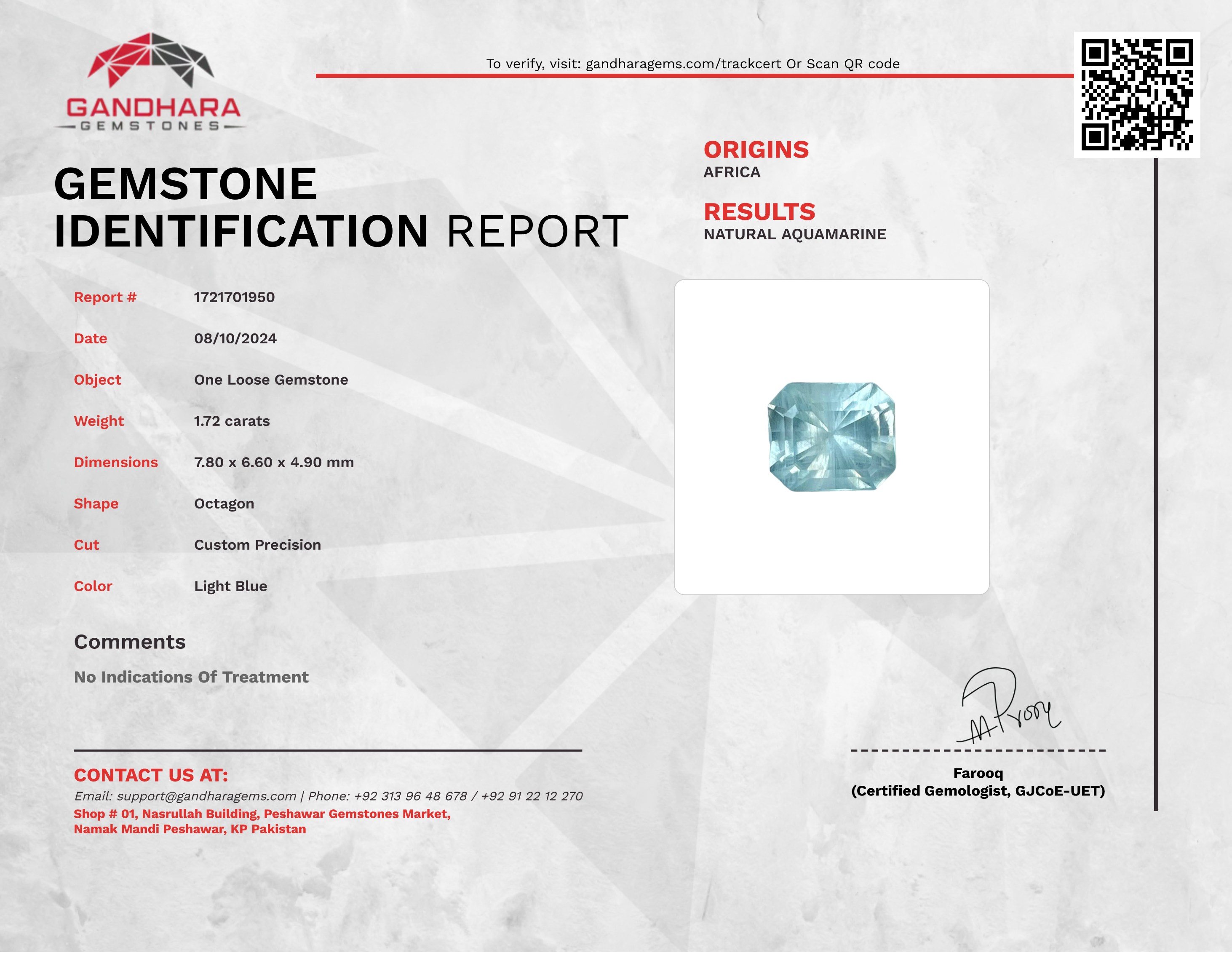 1.72 Carats Blue Aquamarine Gemstone