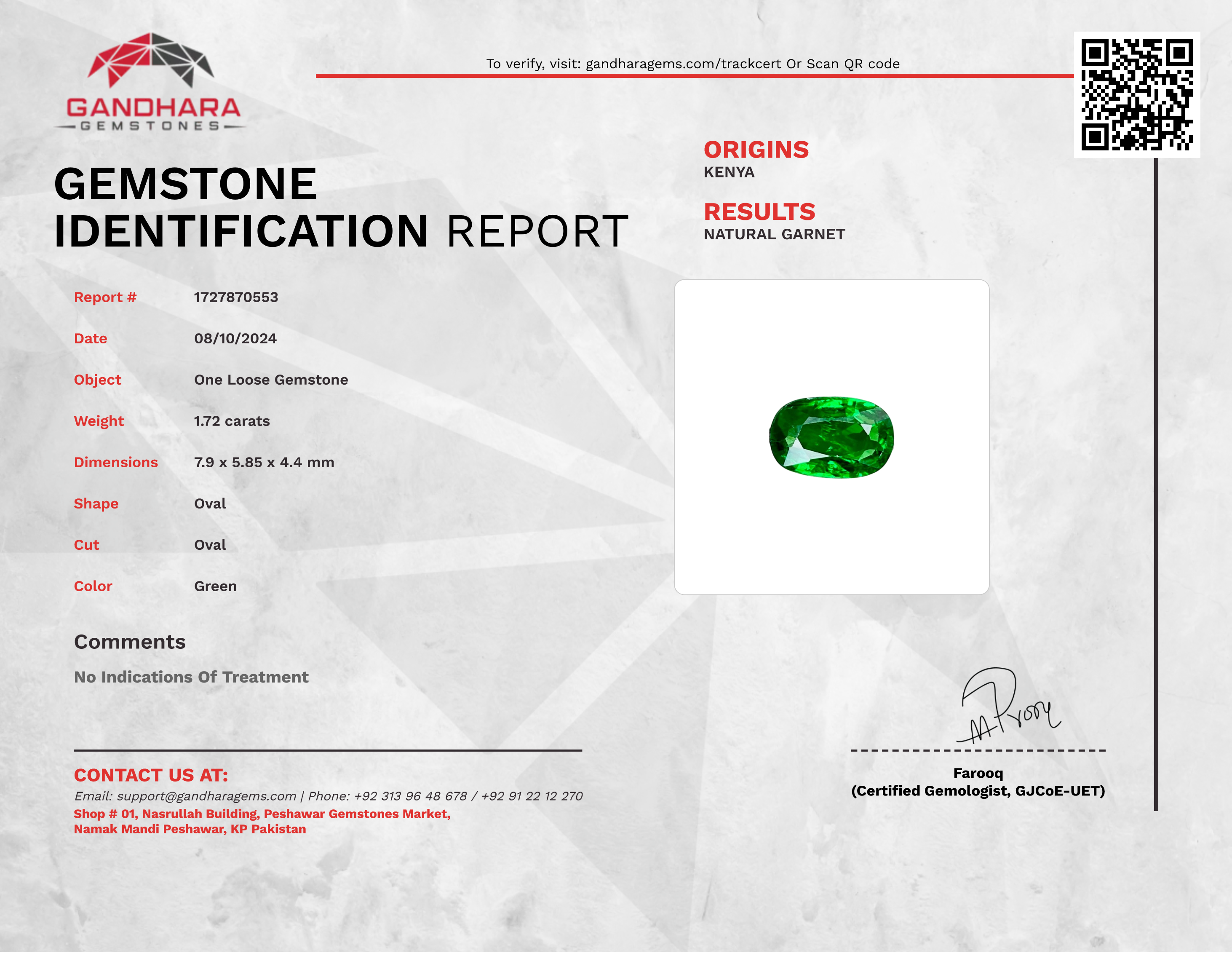 1.72 Carats Green Tsavorite Oval Garnet