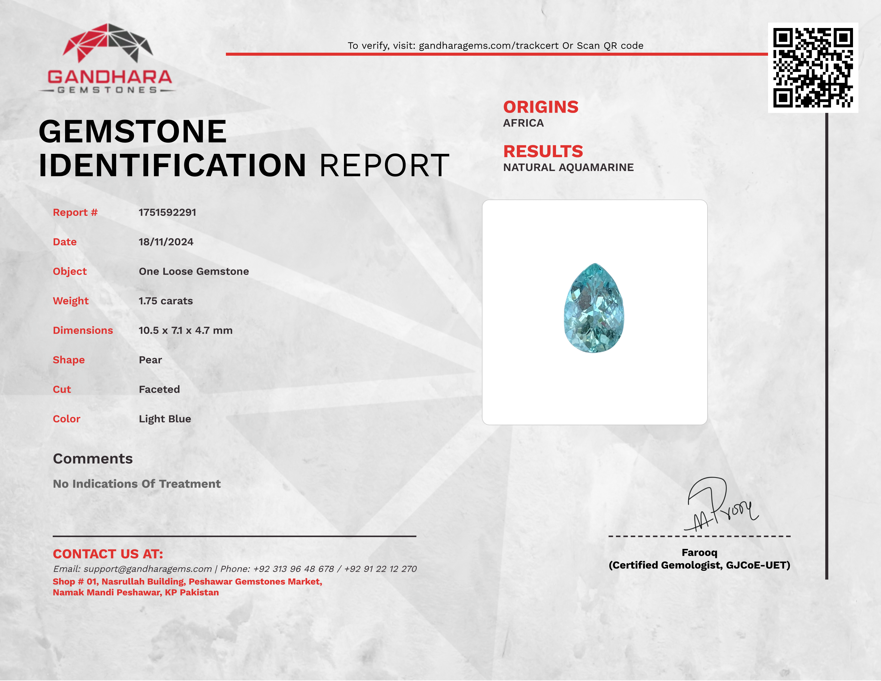 1.75 Carats Pear Cut Aquamarine Stone