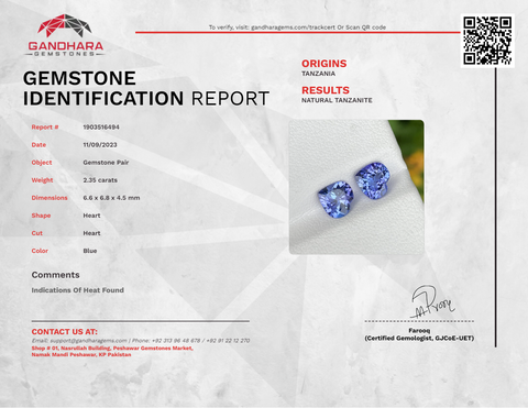 Heart Shaped Blue Tanzanite Stone Pair 2.35 carats Natural Tanzanian Gemstone