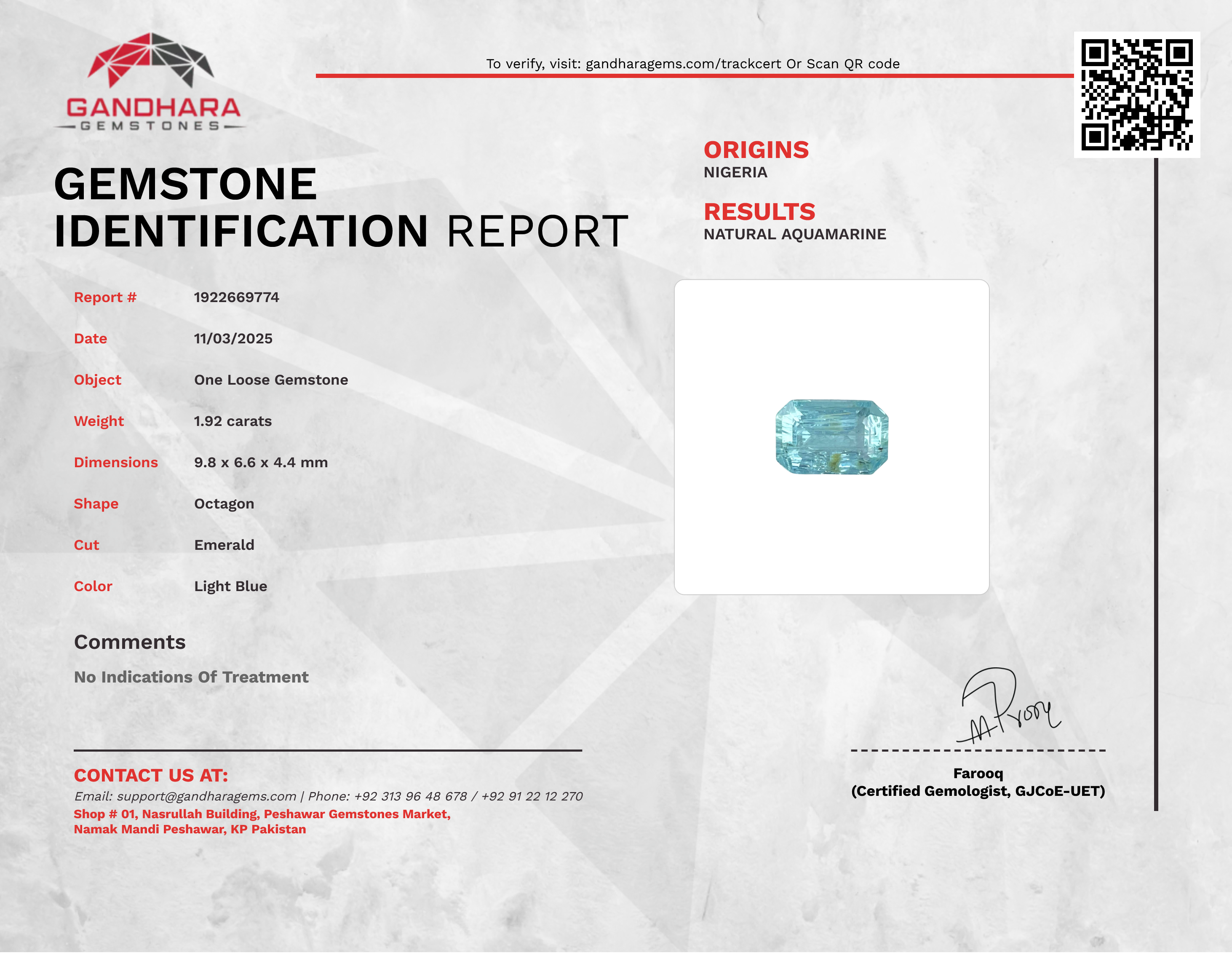 1.92 Carats Blue Aquamarine Gemstone