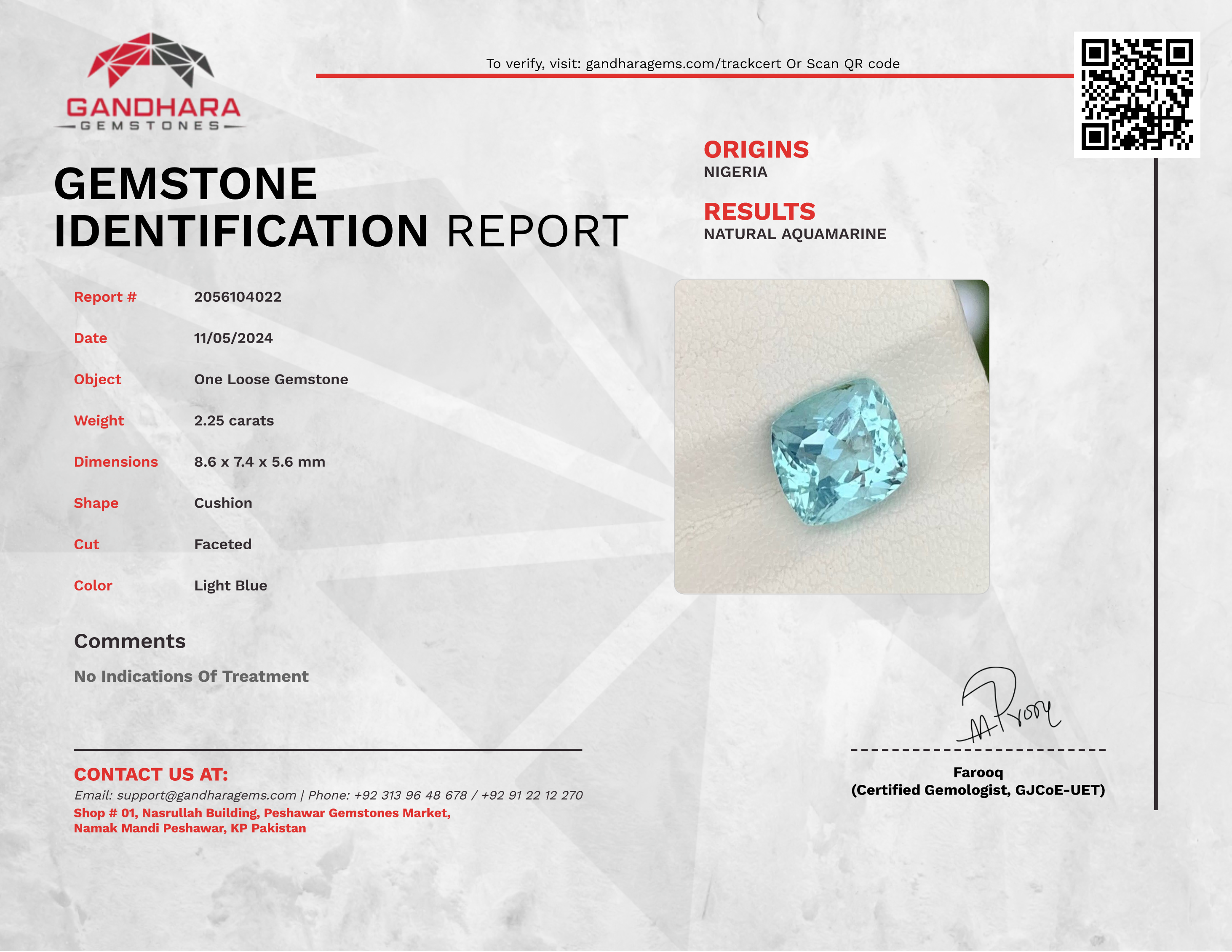 2.25 Carats Light Blue Aquamarine Stone