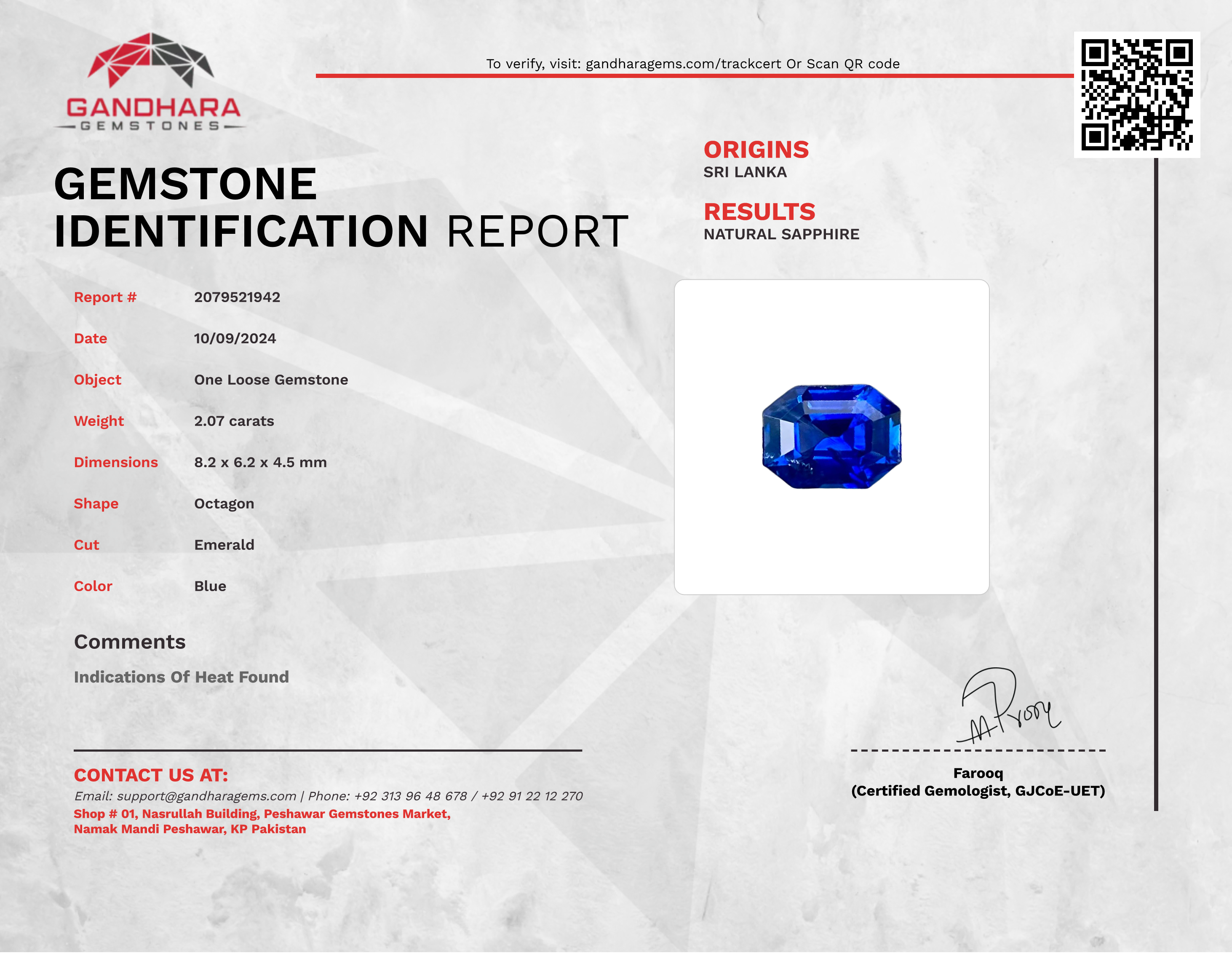 2.07 Carats Blue Sapphire Gemstone