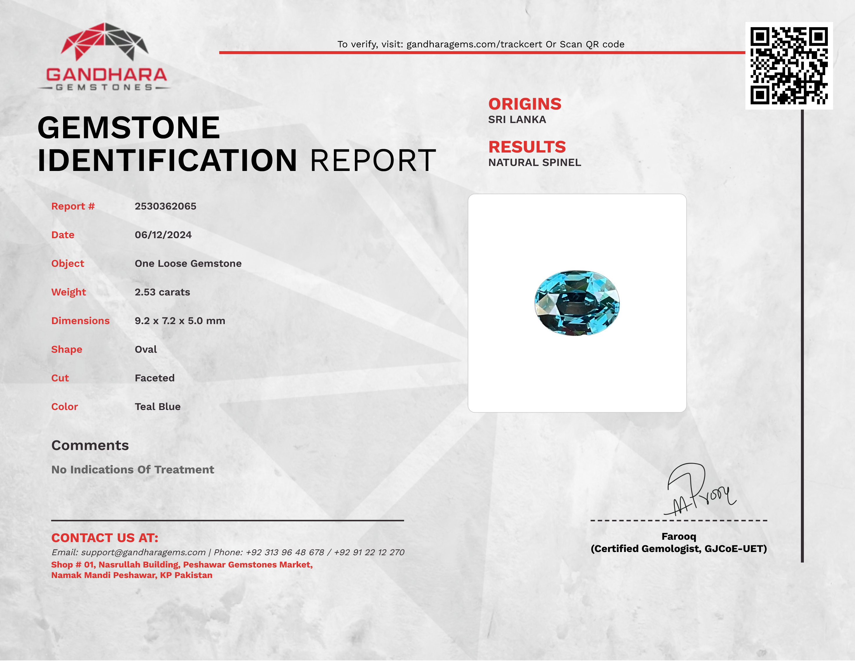 2.53 Carats Teal Blue Spinel Gemstone