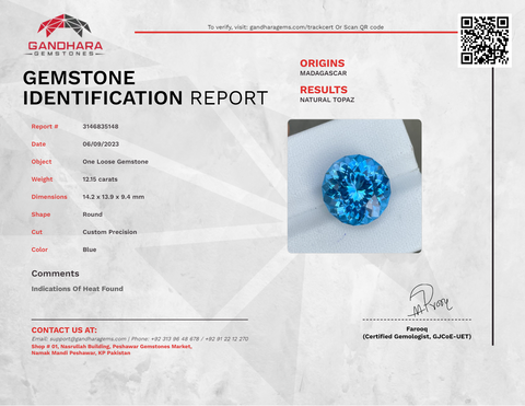 Round Neon Blue Topaz 12.15 carats Custom Precision Cut Natural Madagascar's Gem