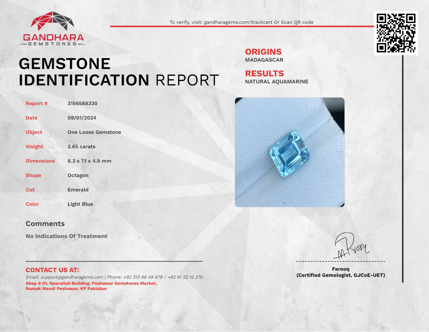 2.65 Carats Light Blue Aquamarine Gem