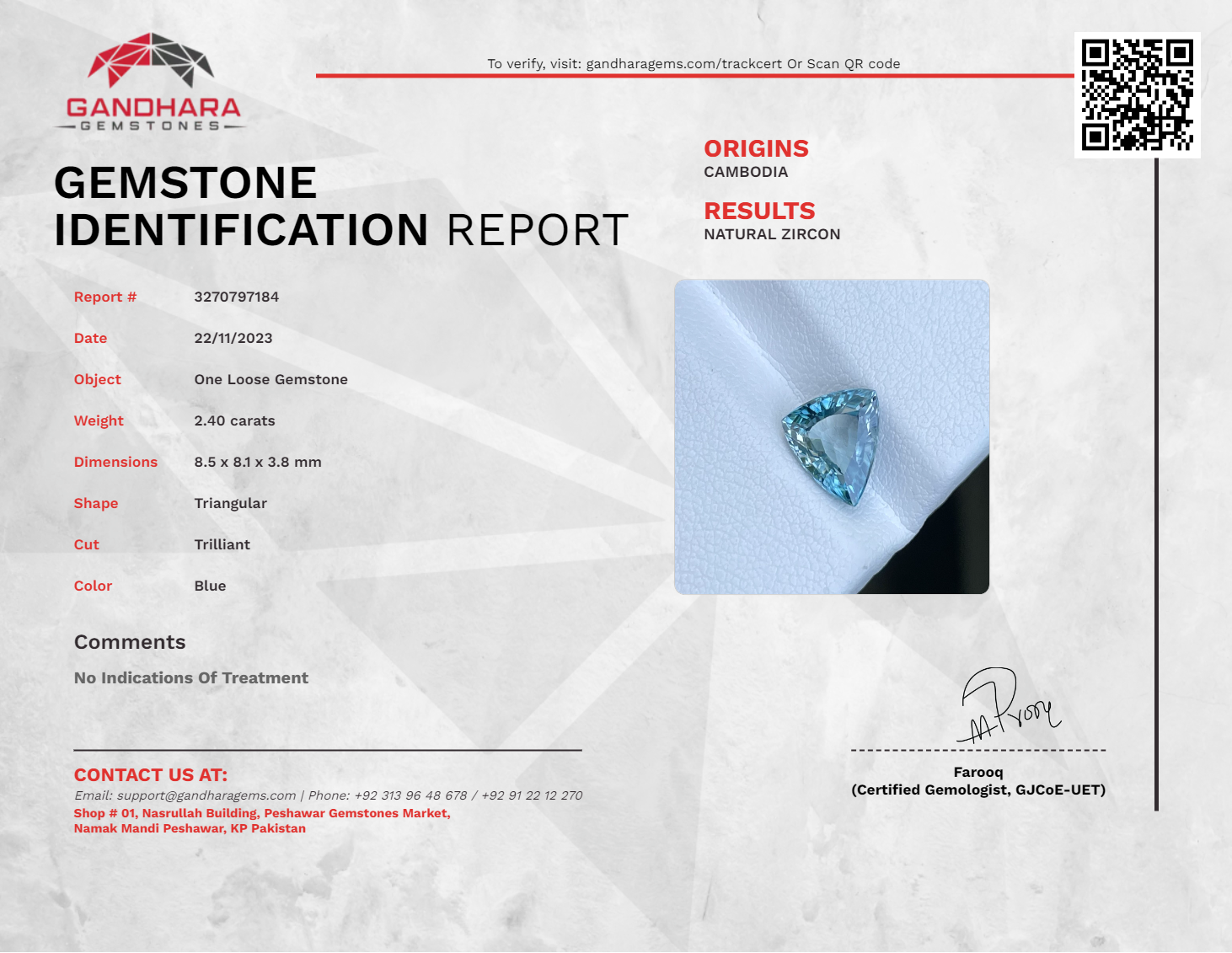  Blue Zircon 2.40 Carats Trillion Cut