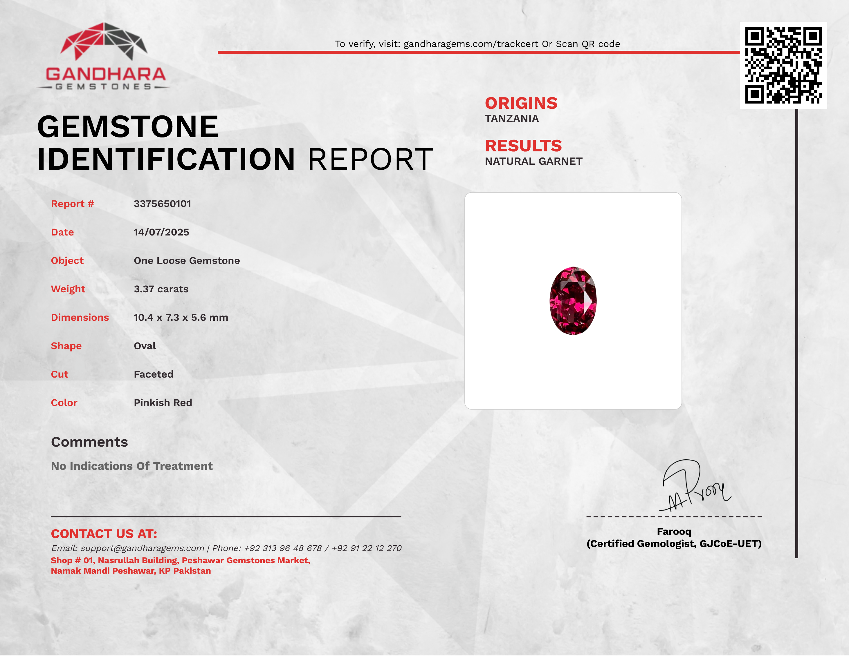 3.70 Carat Pinkish Red Garnet Stone
