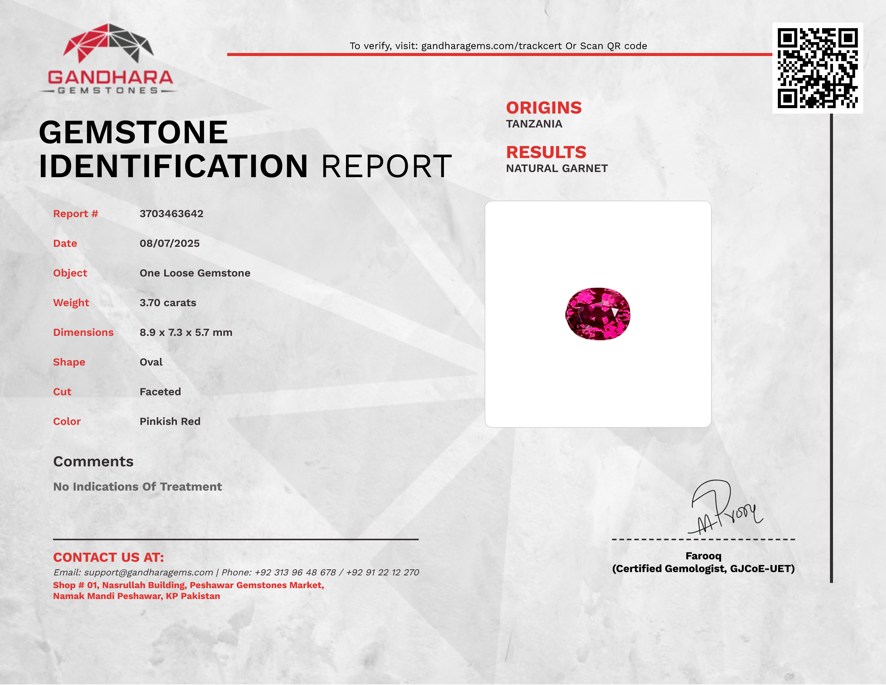 3.70 Carat Pinkish Red Garnet Stone