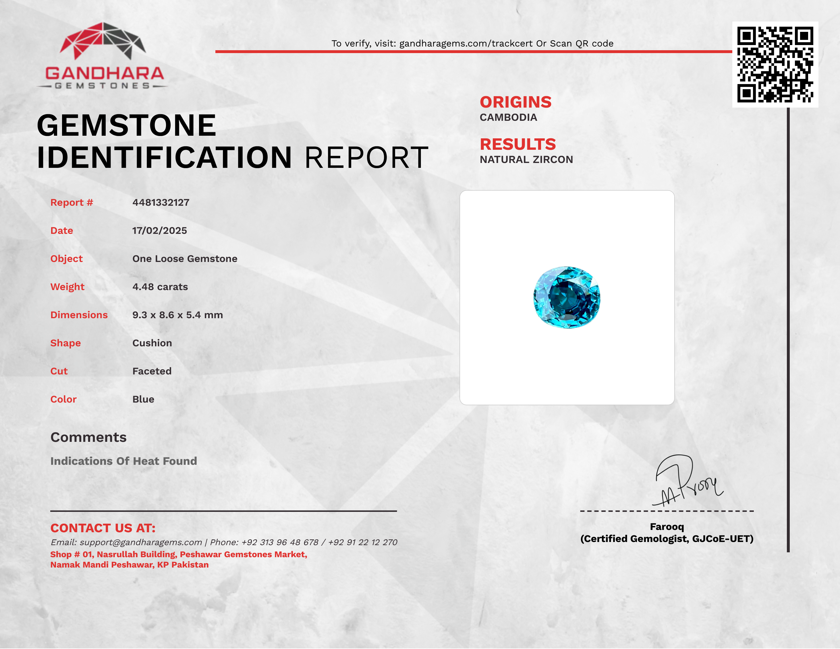 4.48 carats Blue Zircon Stone Cushion Cut Natural Cambodian Gemstone