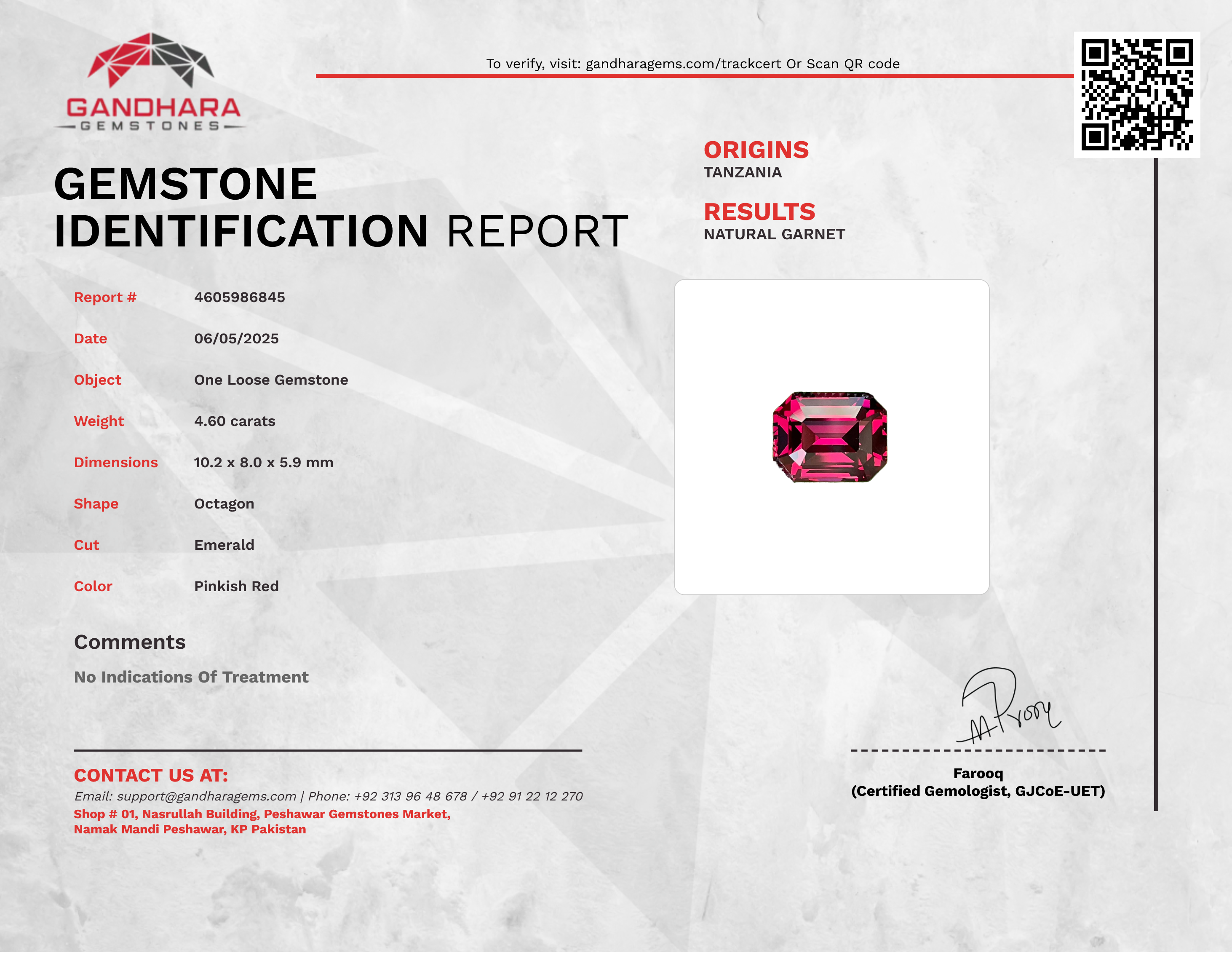 4.60 Carats Pinkish Red Garnet Stone