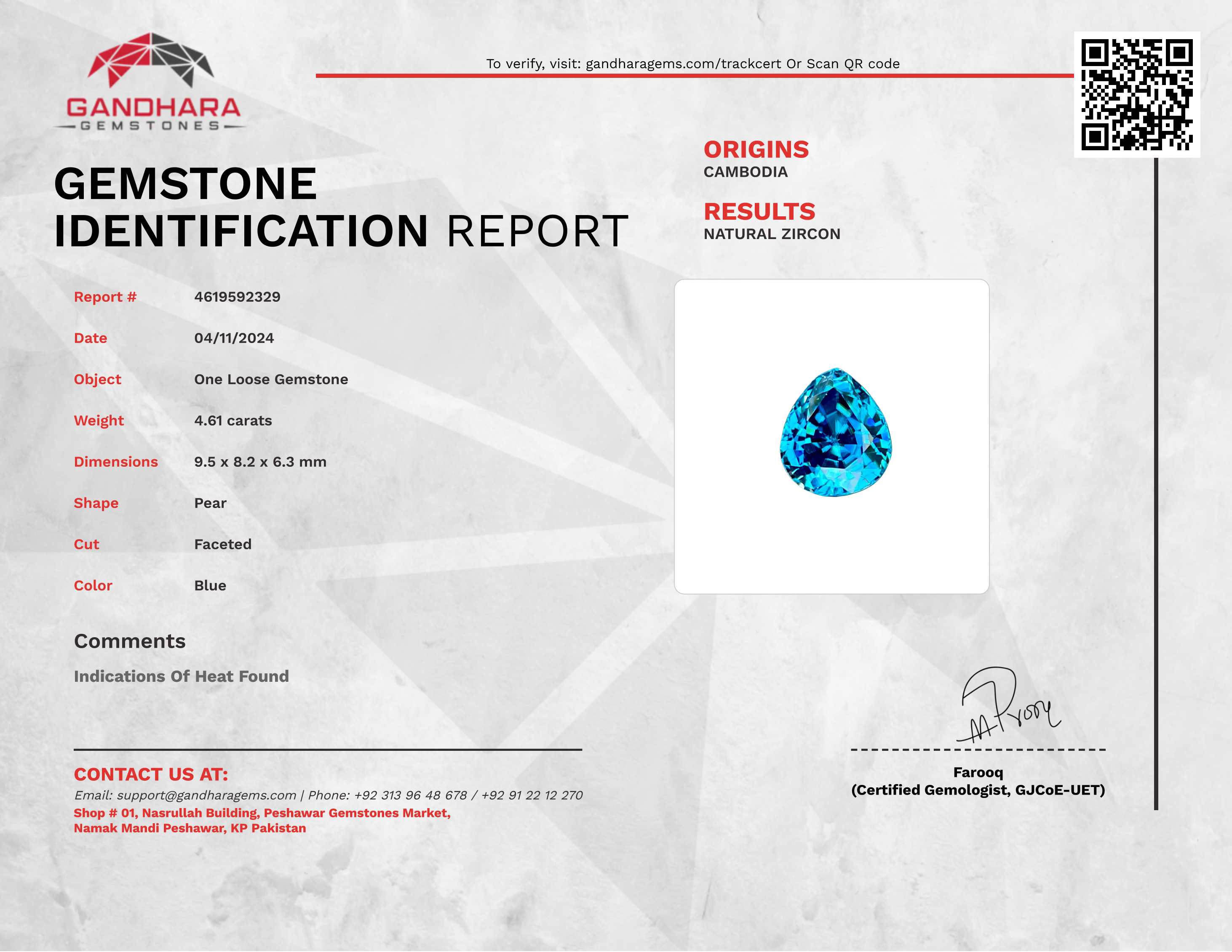 4.61 Carats Blue Pear Zircon Gemstone