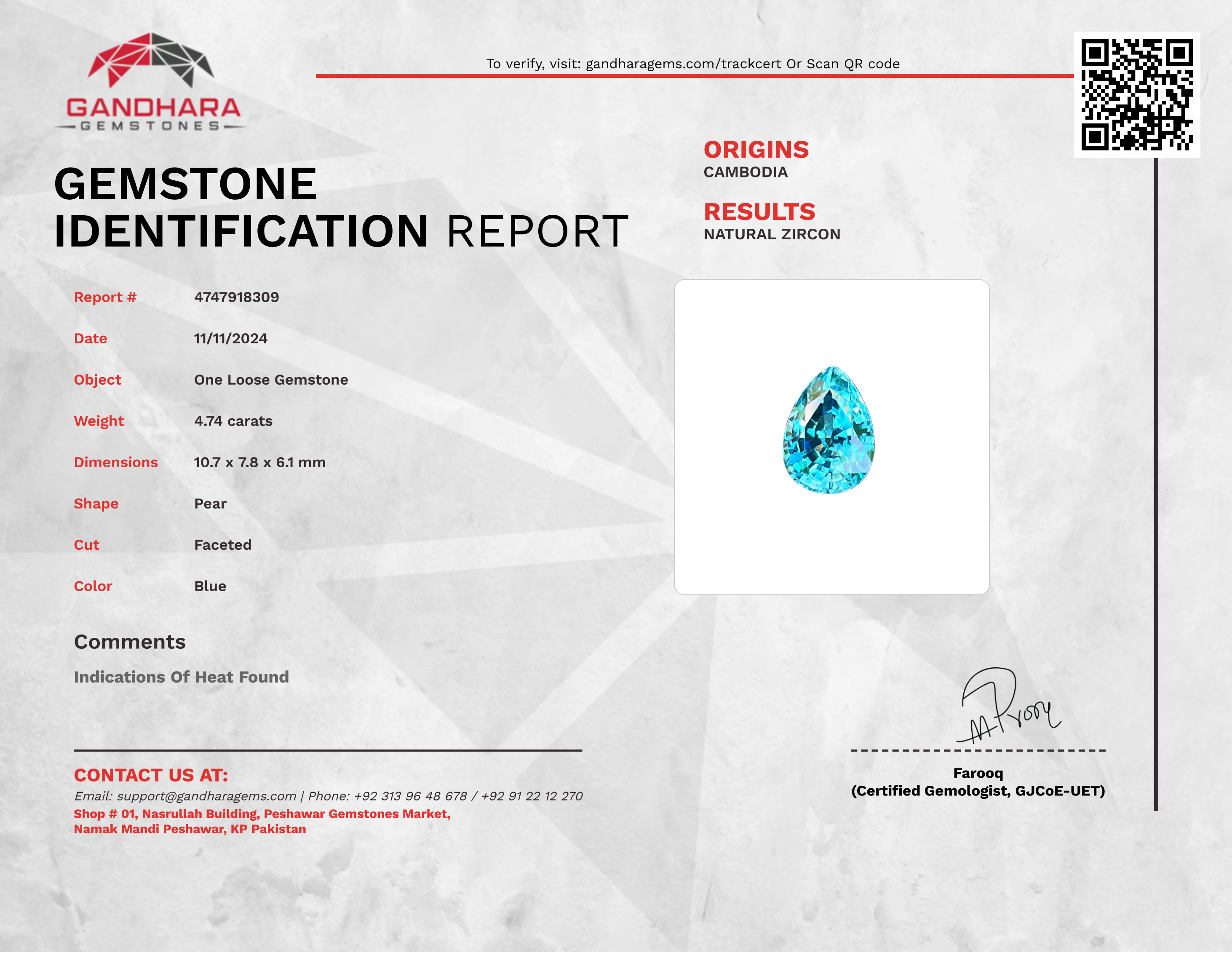 4.74 Carats Blue Pear Cut Zircon Stone