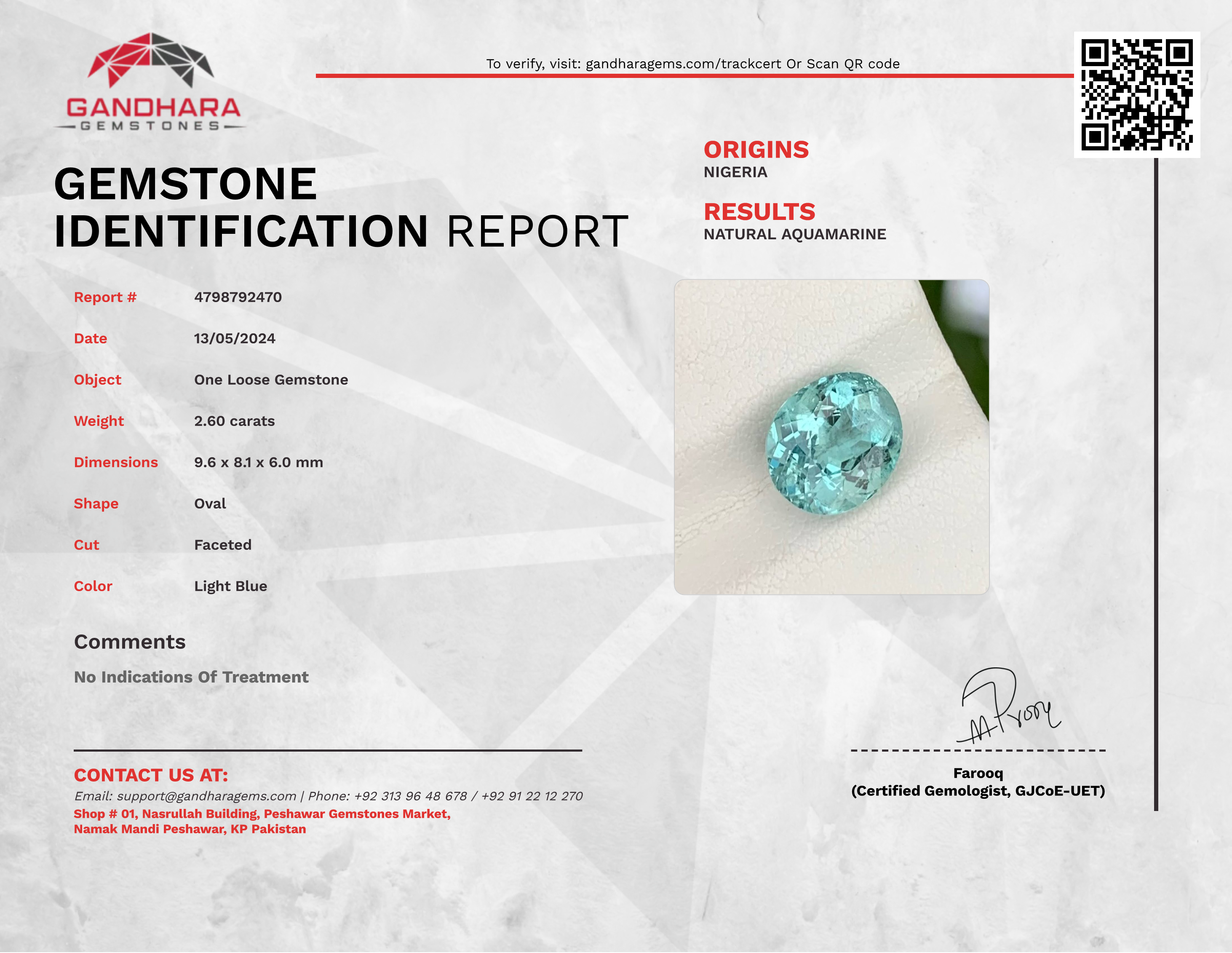 2.60 Carats Deep Blue Aquamarine Stone