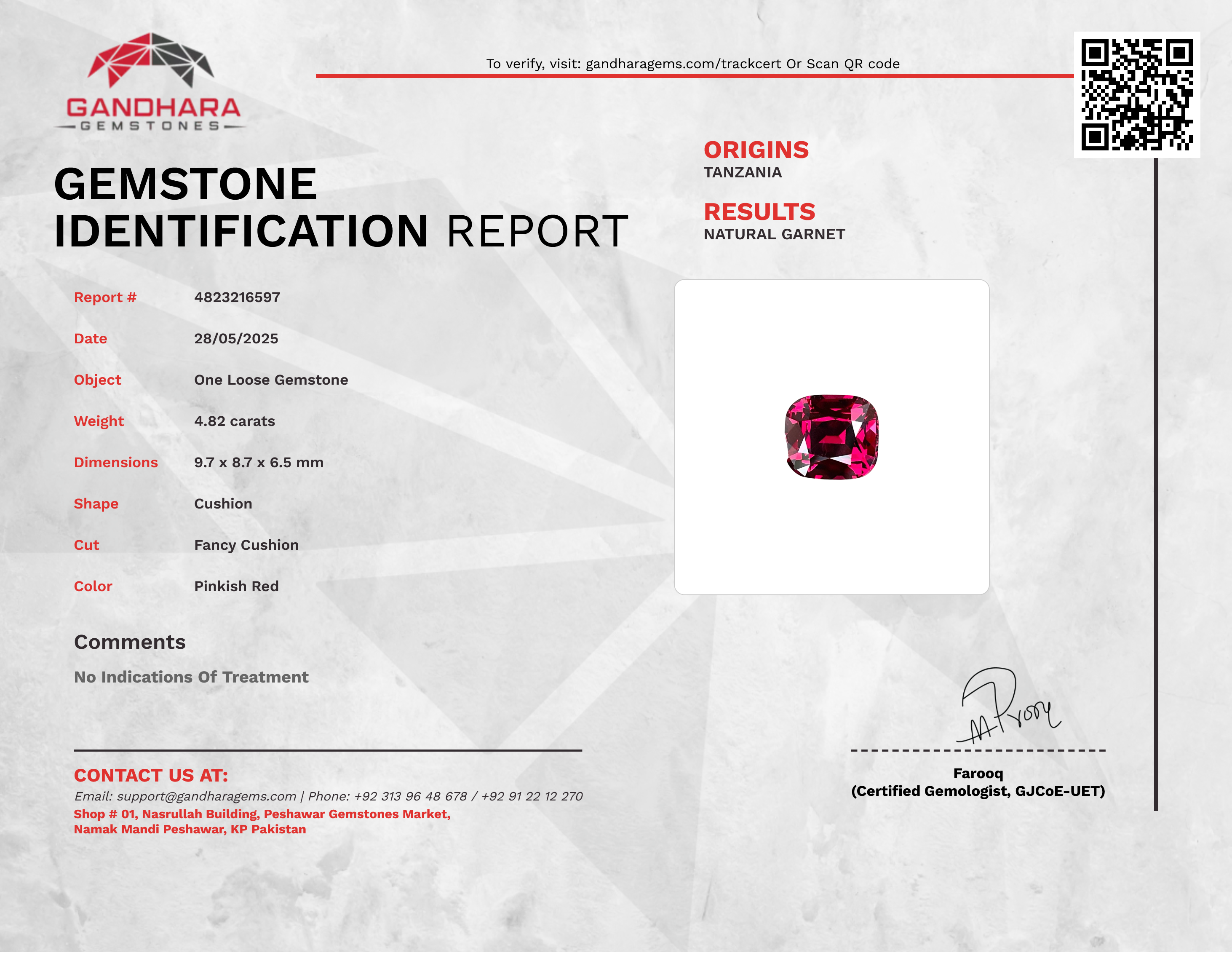 4.82 Carats Pinkish Red Garnet Stone